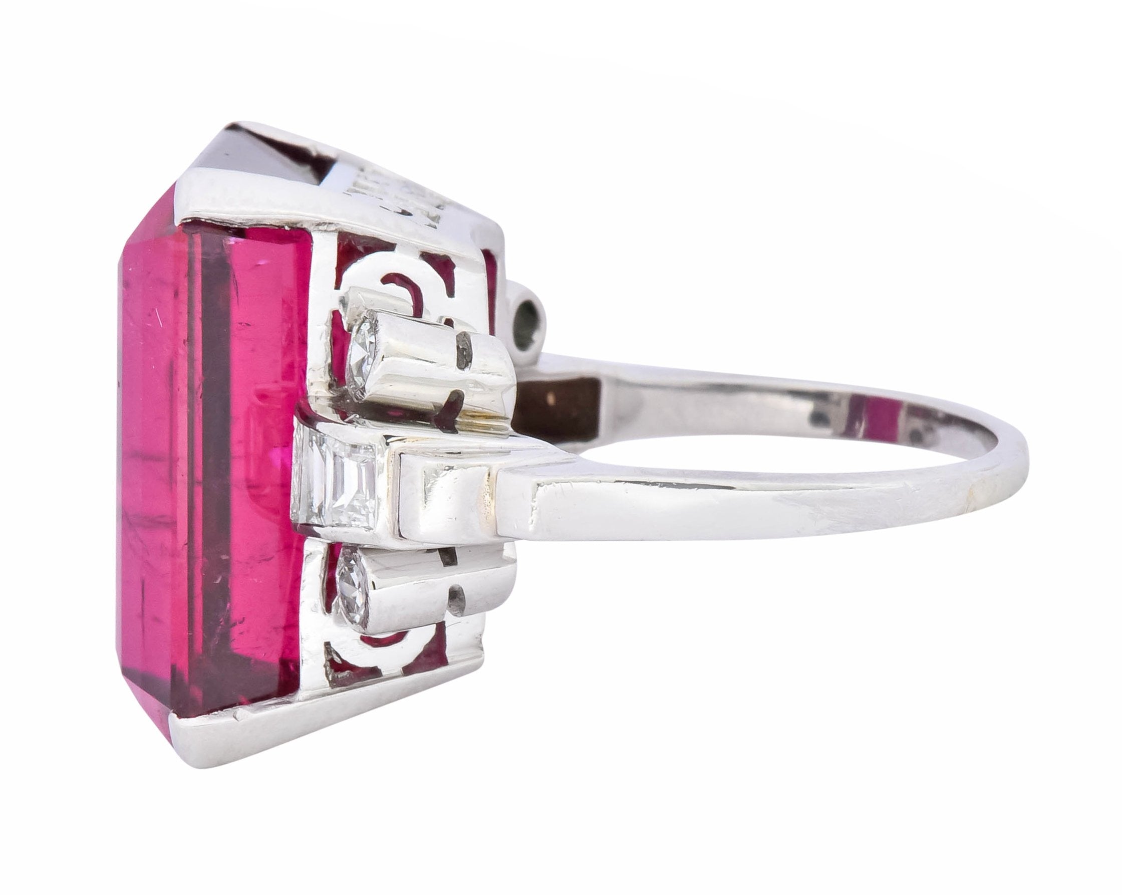 Retro 22.15 CTW Rubellite Tourmaline Diamond 18 Karat White Gold Cocktail Ring - Wilson's Estate Jewelry