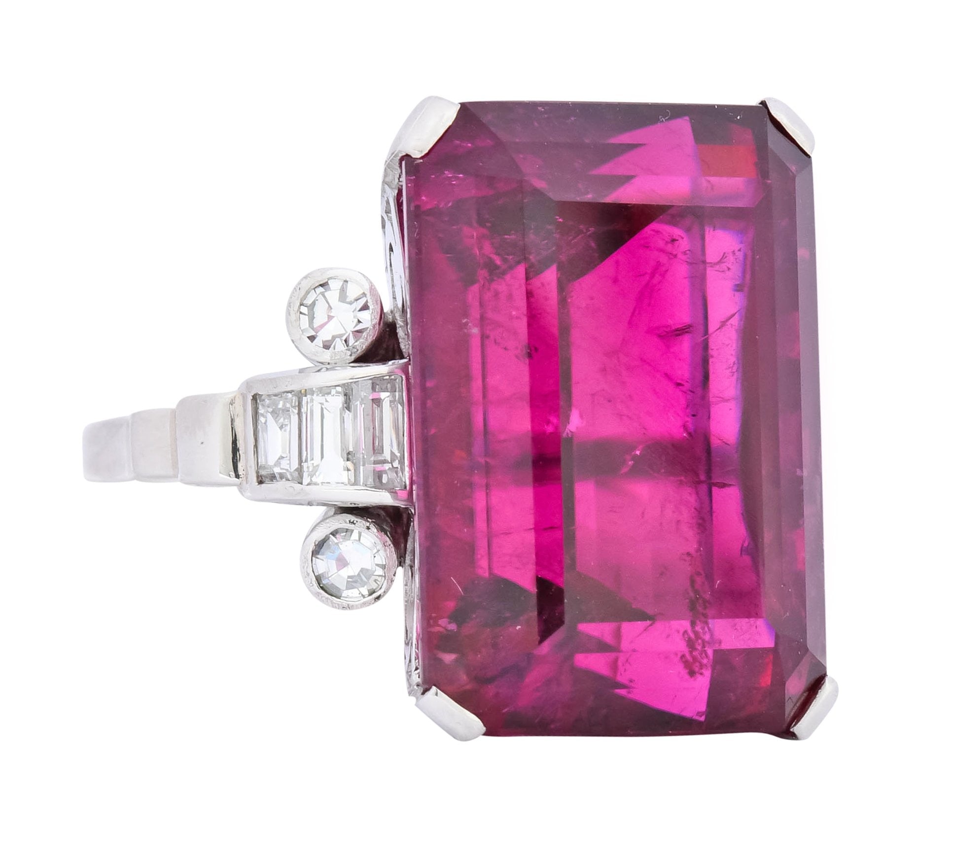 Retro 22.15 CTW Rubellite Tourmaline Diamond 18 Karat White Gold Cocktail Ring - Wilson's Estate Jewelry