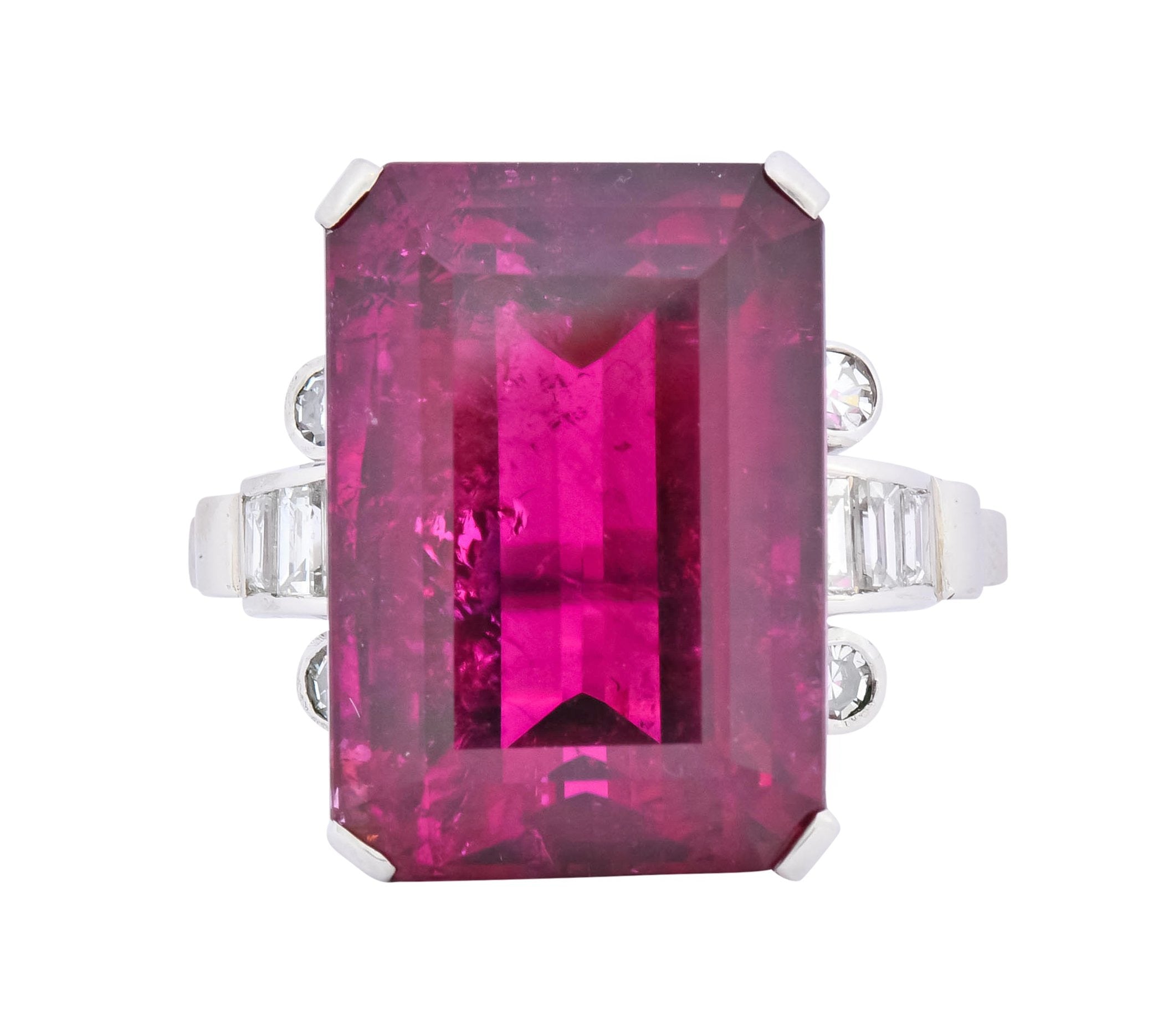 Retro 22.15 CTW Rubellite Tourmaline Diamond 18 Karat White Gold Cocktail Ring - Wilson's Estate Jewelry