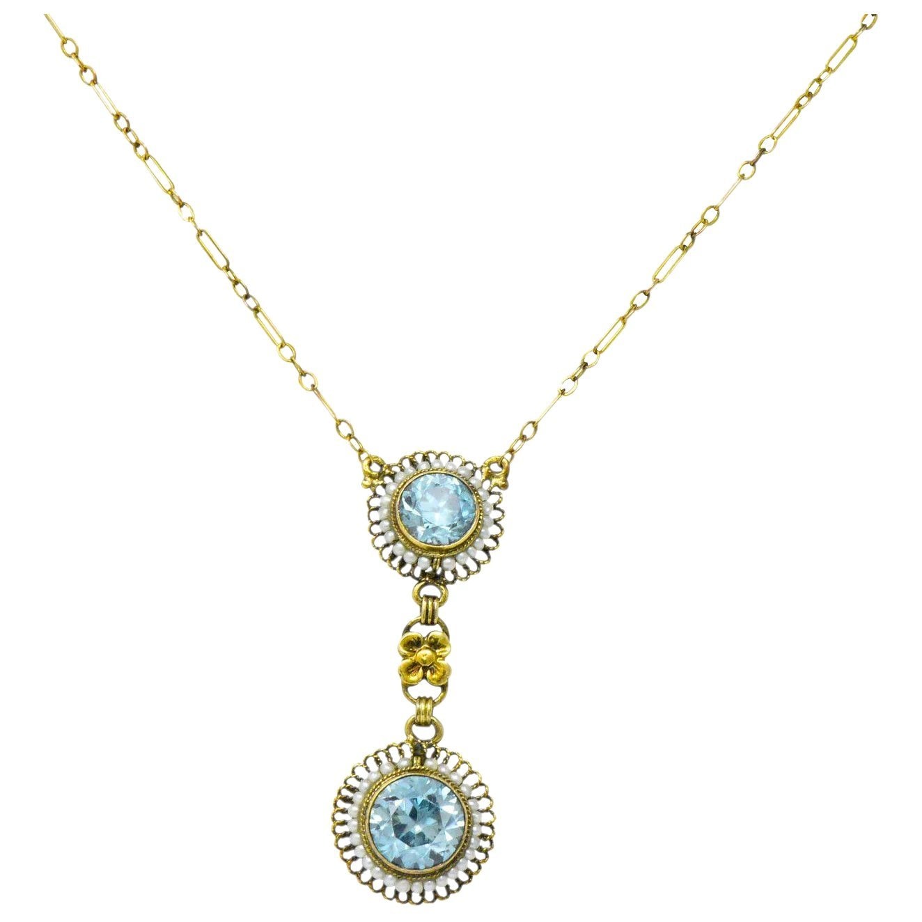 Retro 4.75 CTW Blue Zircon Seed Pearl 14 Karat Gold Drop Necklace Wilson's Estate Jewelry