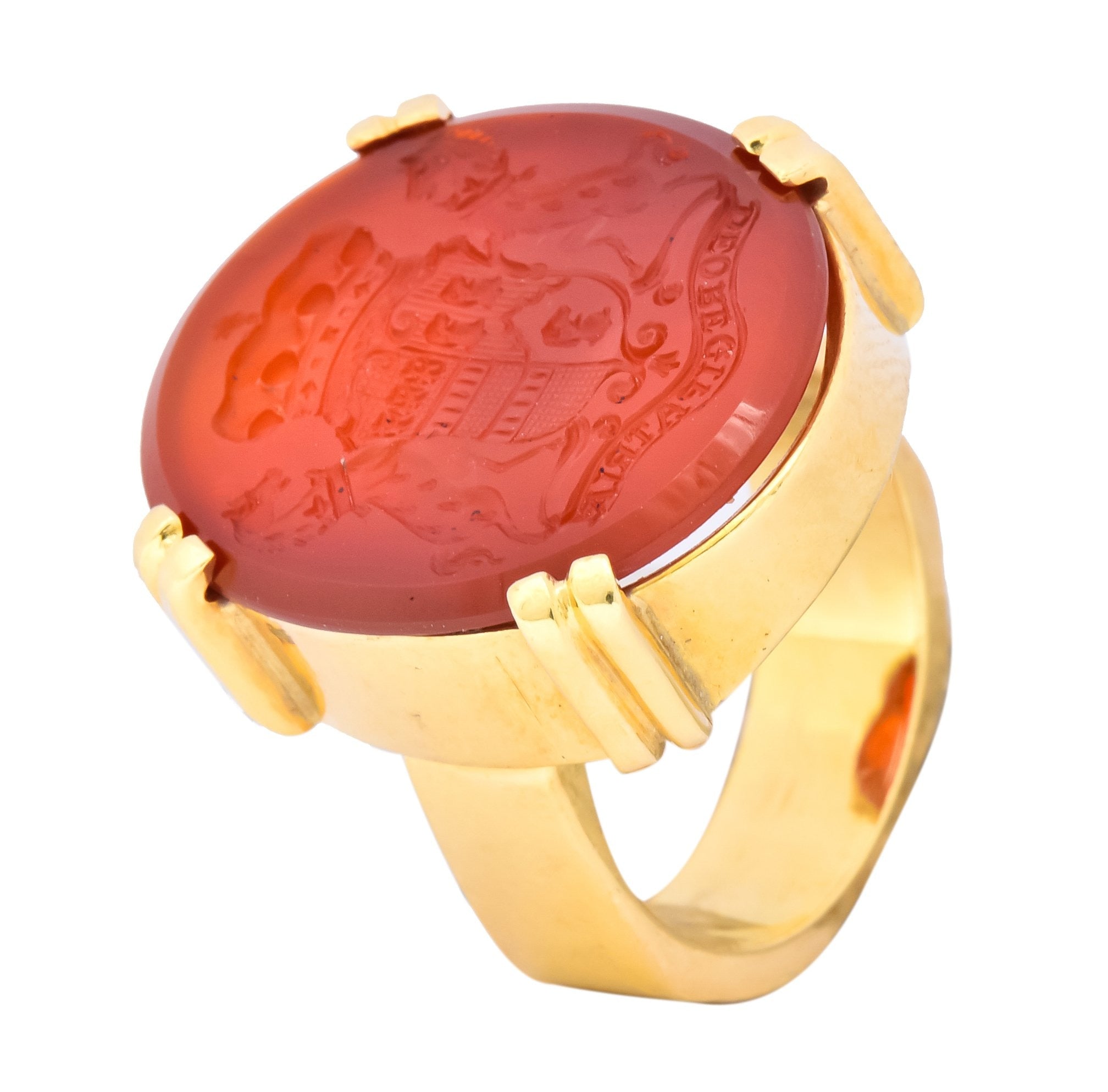 Retro Carnelian Intaglio 18 Karat Gold Deo Regi Patria Unisex Ring - Wilson's Estate Jewelry