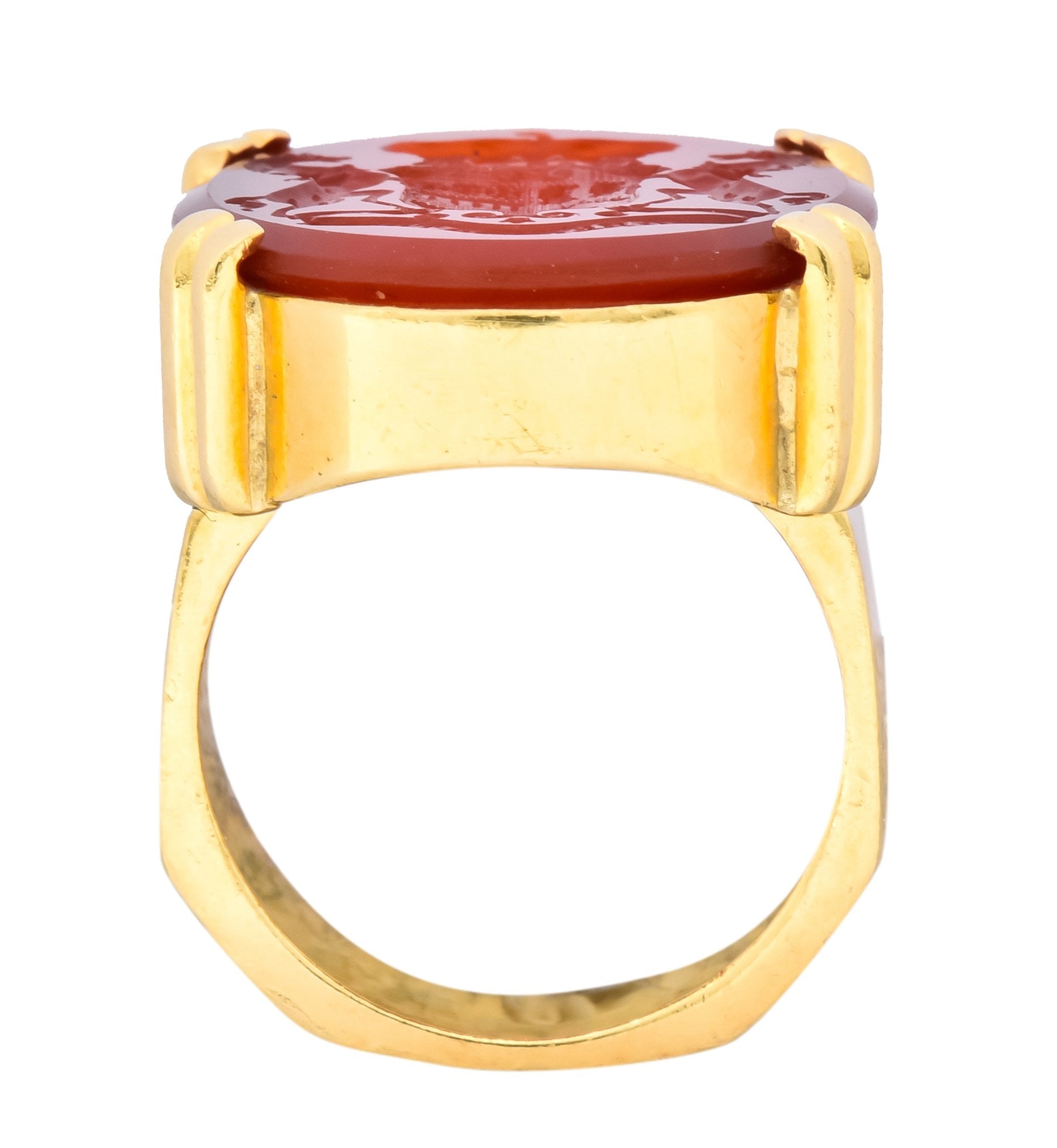 Retro Carnelian Intaglio 18 Karat Gold Deo Regi Patria Unisex Ring - Wilson's Estate Jewelry