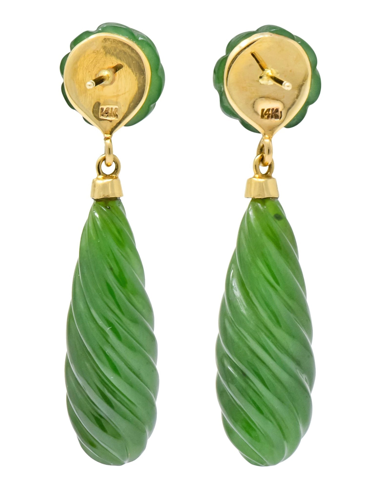 Retro Carved Jade 14 Karat Gold Swirl Drop Earrings - Wilson's Estate Jewelry