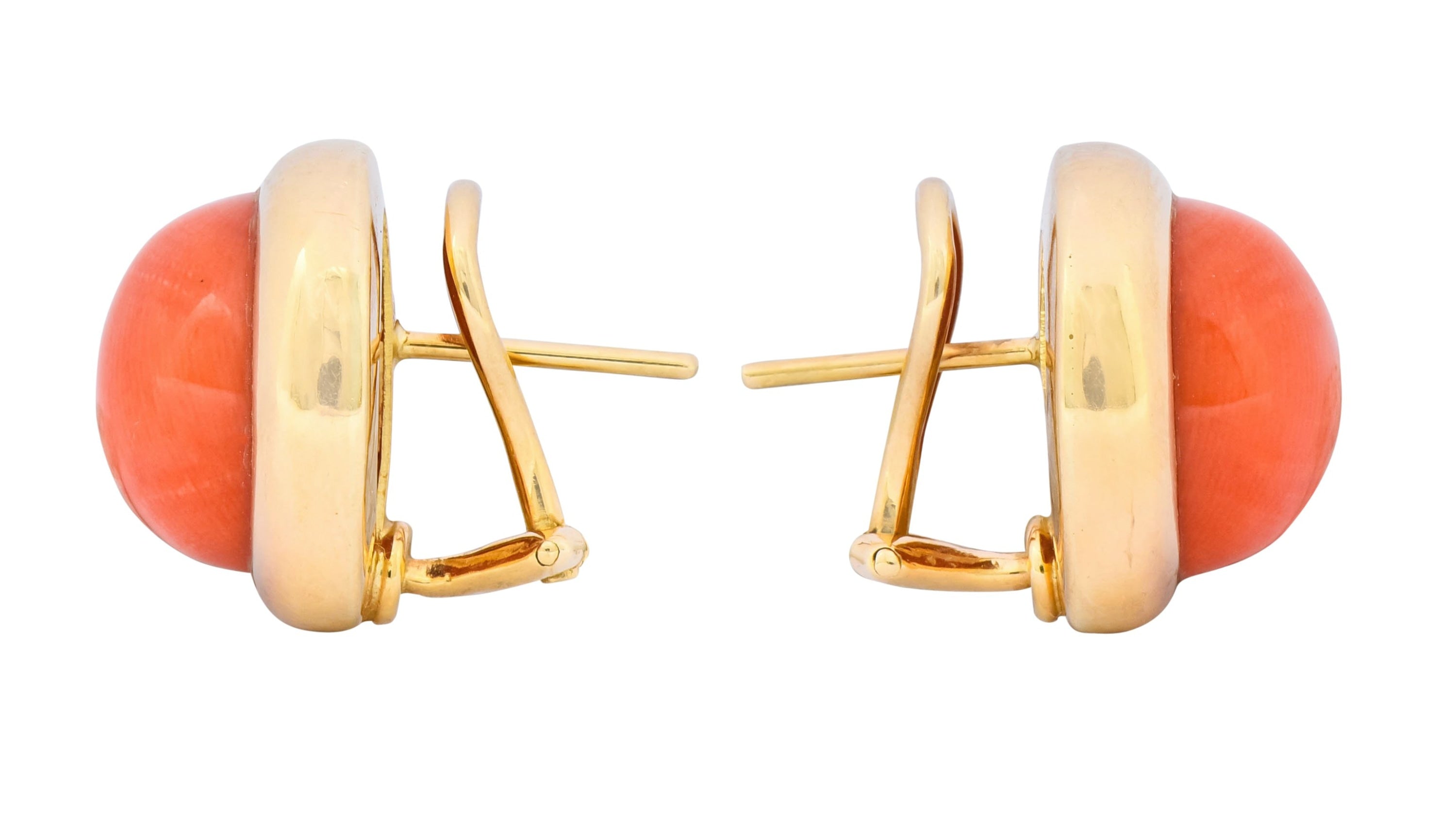 Retro Coral Cabochon 14 Karat Yellow Gold Circular Earrings - Wilson's Estate Jewelry