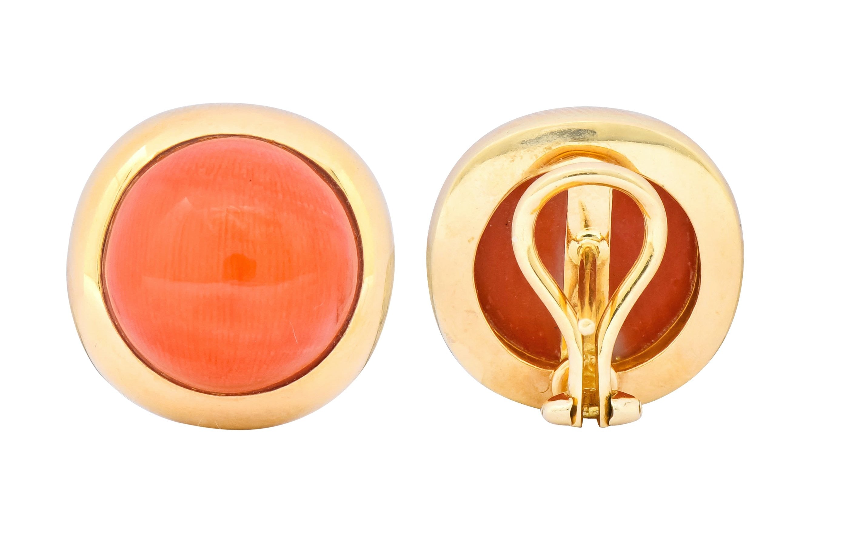 Retro Coral Cabochon 14 Karat Yellow Gold Circular Earrings - Wilson's Estate Jewelry