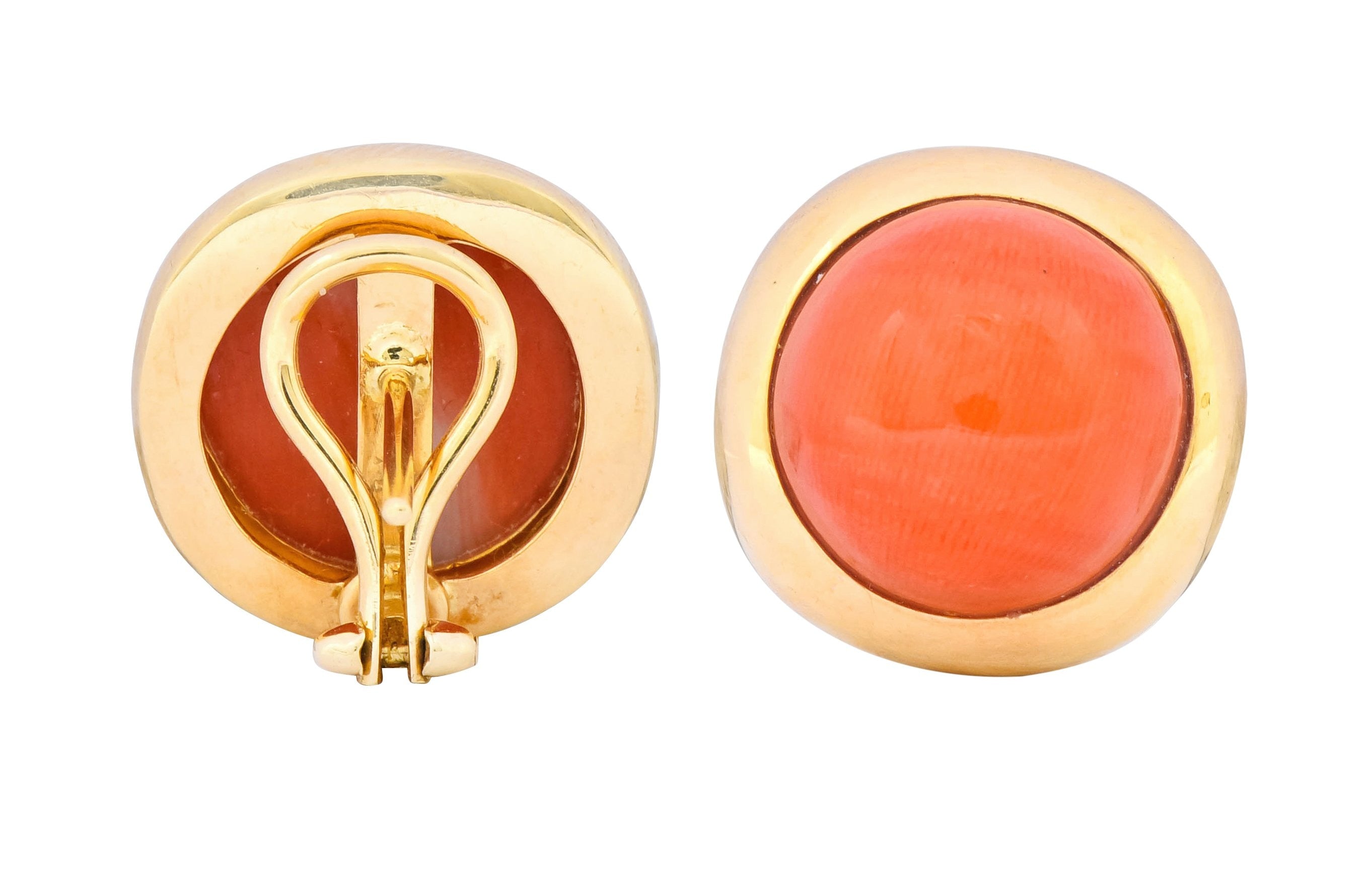 Retro Coral Cabochon 14 Karat Yellow Gold Circular Earrings - Wilson's Estate Jewelry