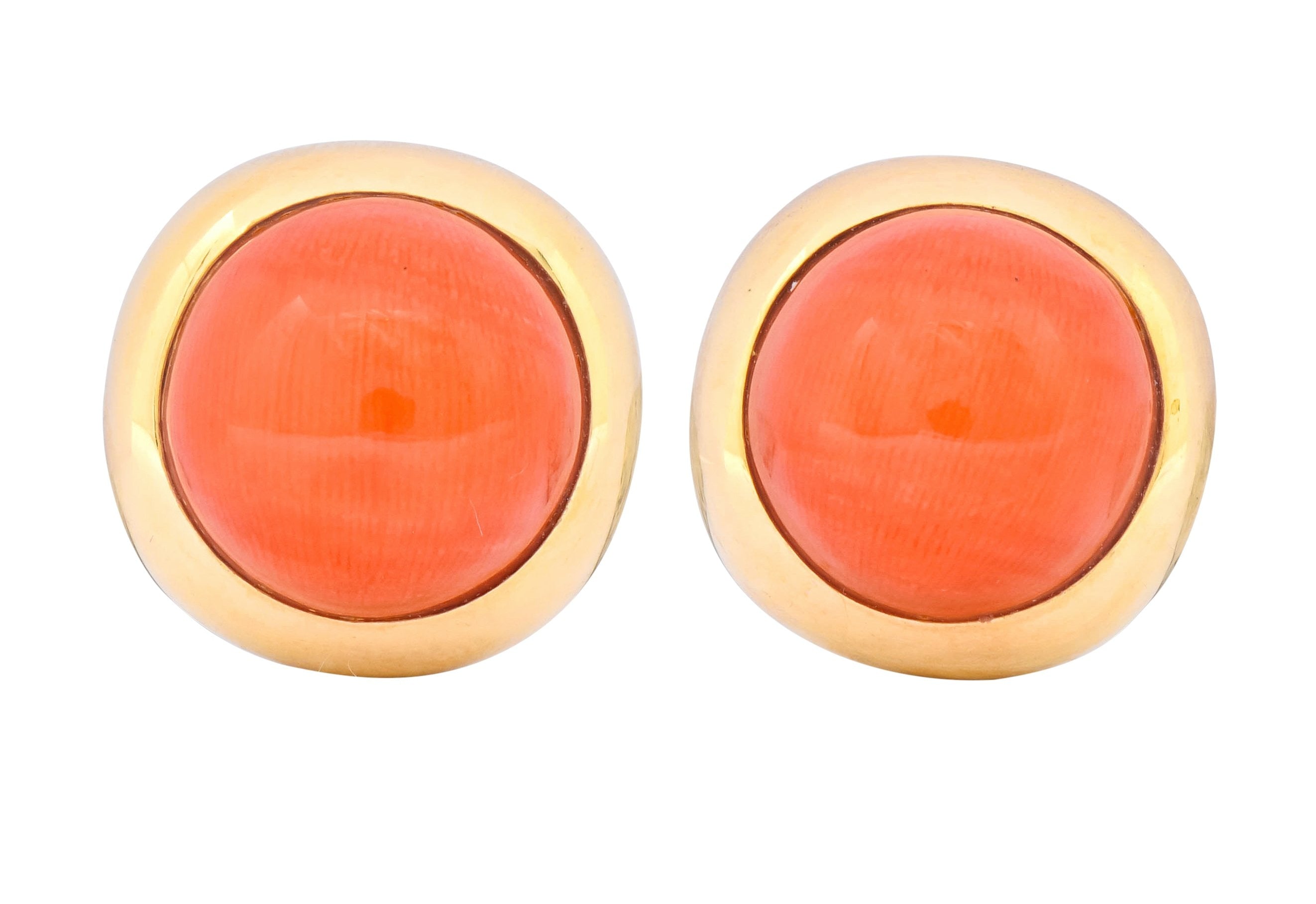 Retro Coral Cabochon 14 Karat Yellow Gold Circular Earrings - Wilson's Estate Jewelry