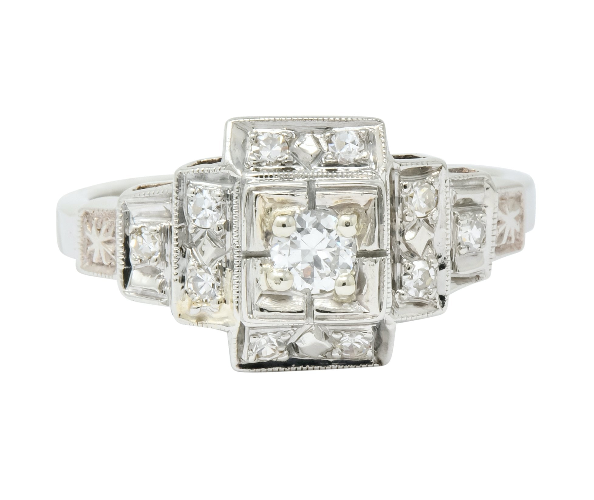 Retro Diamond 14 Karat White Gold Engagement Ring Circa 1940's - Wilson's Estate Jewelry