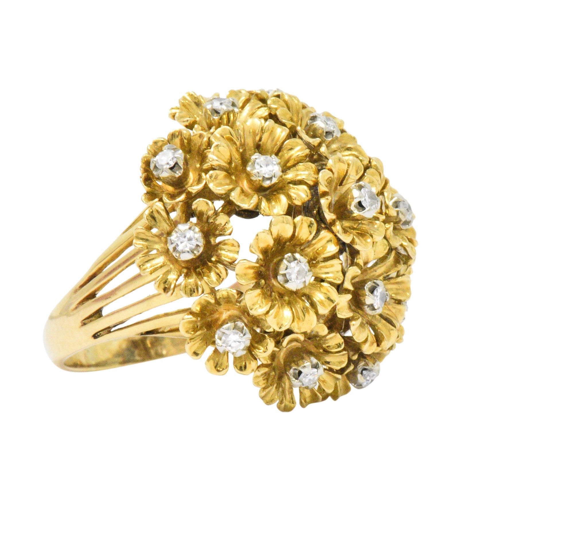 Retro Diamond 18 Karat Gold Flower Bouquet En Tremblant Ring Wilson's Estate Jewelry