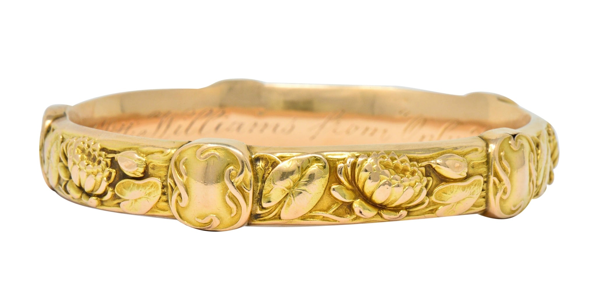 Riker Brothers Art Nouveau 14 Karat Gold Lotus Lily Pad Bangle Bracelet - Wilson's Estate Jewelry