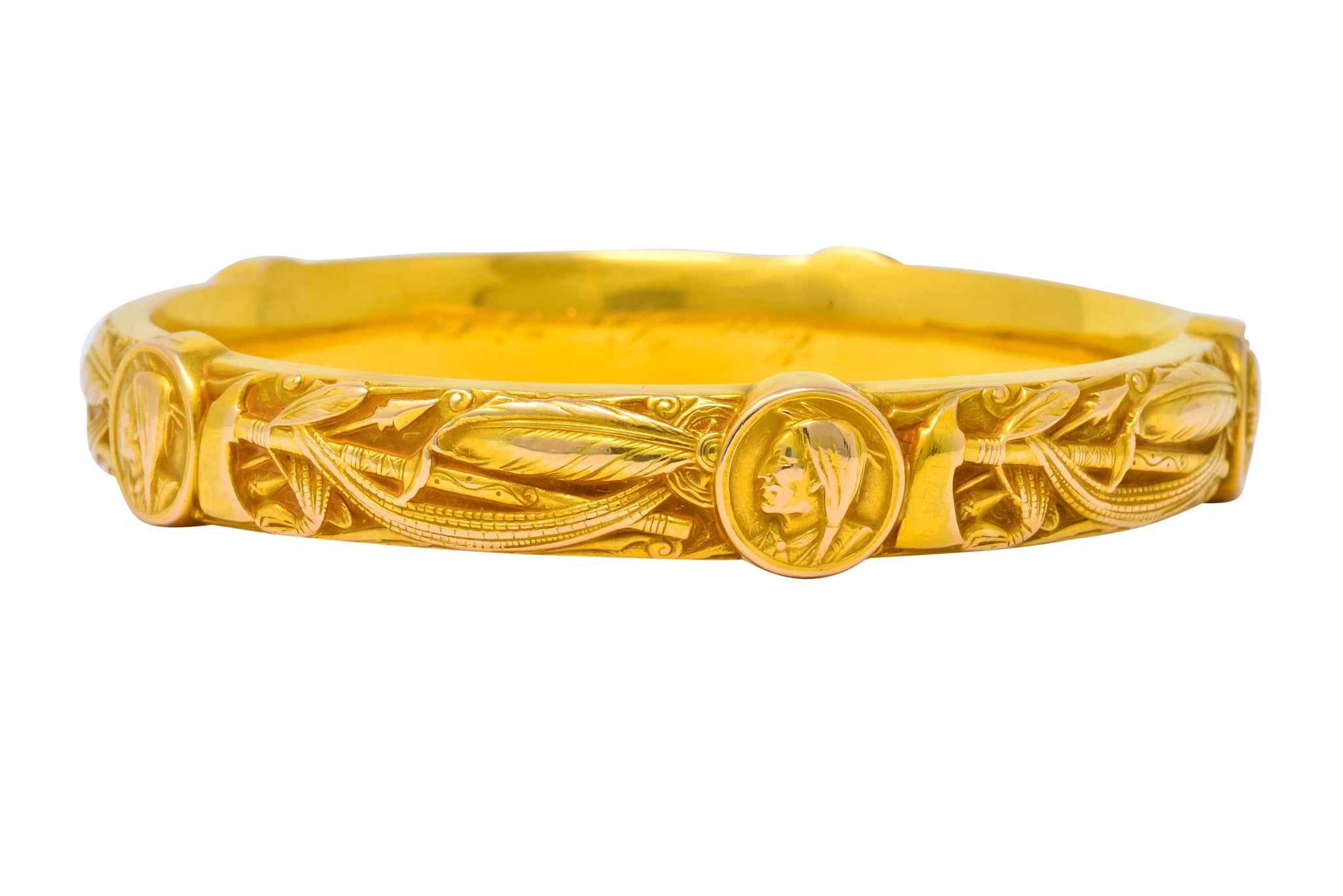 Riker Brothers Art Nouveau 14 Karat Gold Native American Bangle Bracelet - Wilson's Estate Jewelry