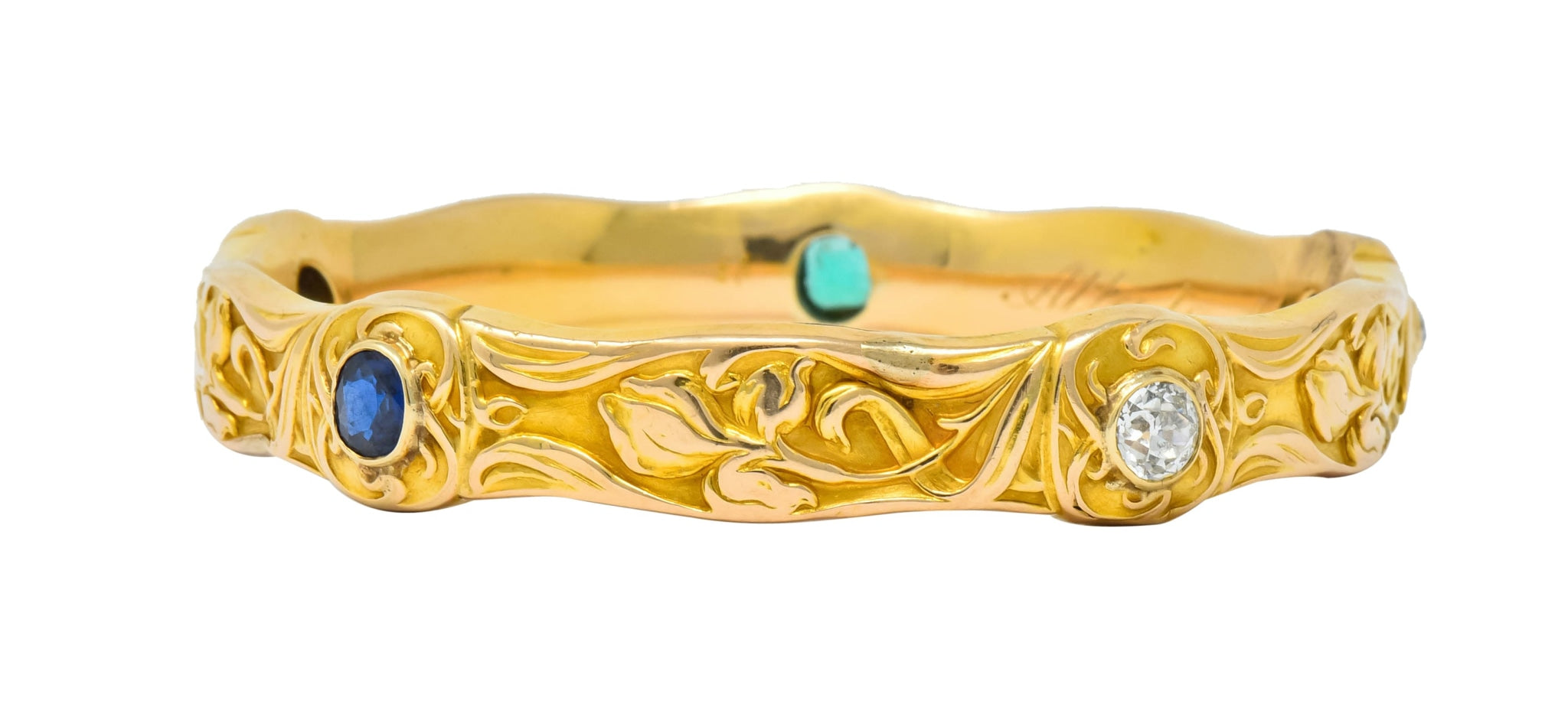 Riker Brothers Art Nouveau 3.50 CTW Diamond Emerald Sapphire 14 Karat Gold Iris Flower Bangle Bracelet - Wilson's Estate Jewelry