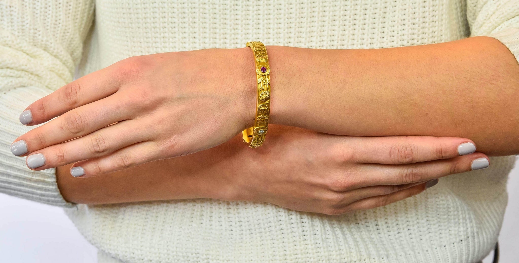 Riker Brothers Art Nouveau Diamond Ruby 14 Karat Gold Floral Bangle Bracelet - Wilson's Estate Jewelry