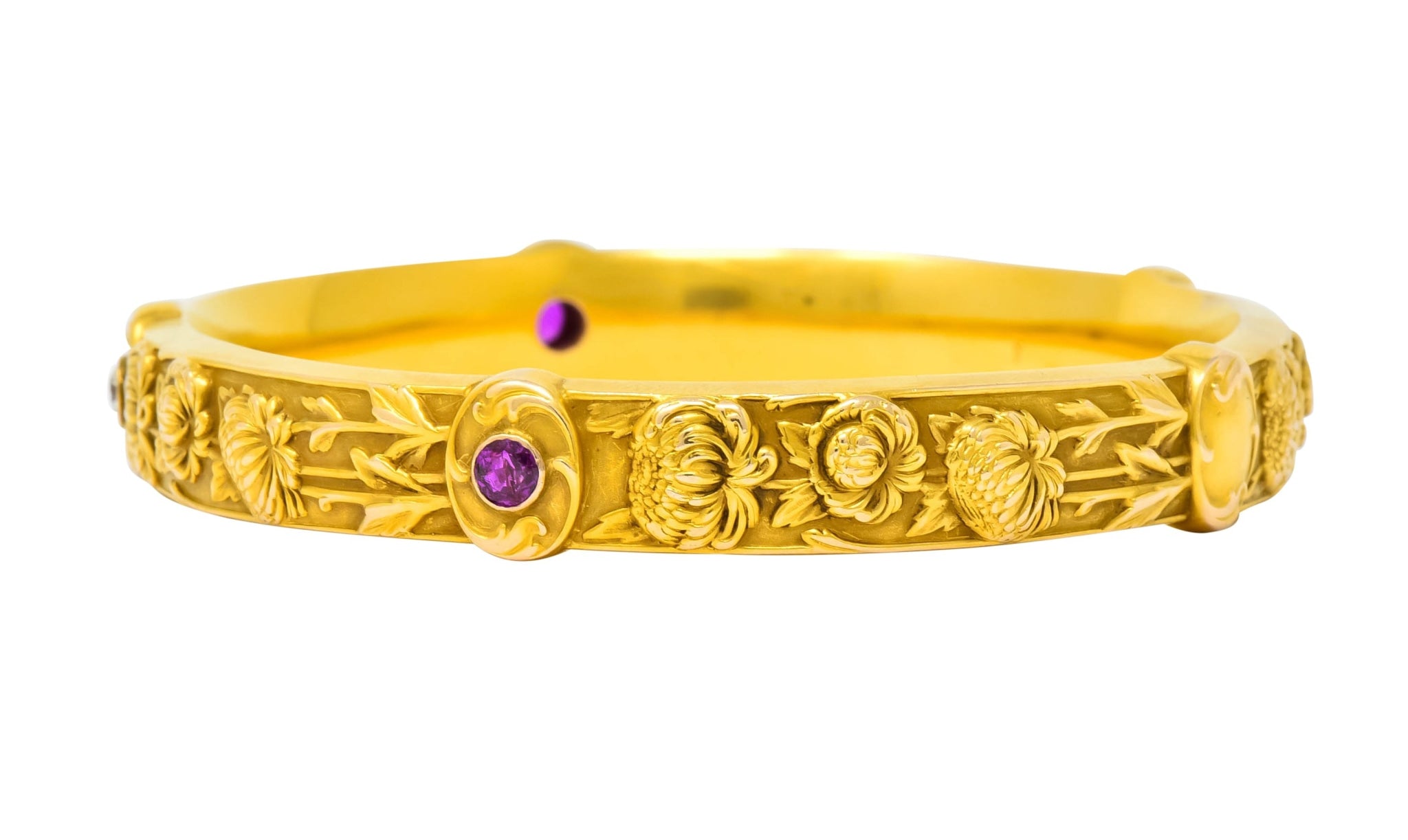 Riker Brothers Art Nouveau Diamond Ruby 14 Karat Gold Floral Bangle Bracelet - Wilson's Estate Jewelry