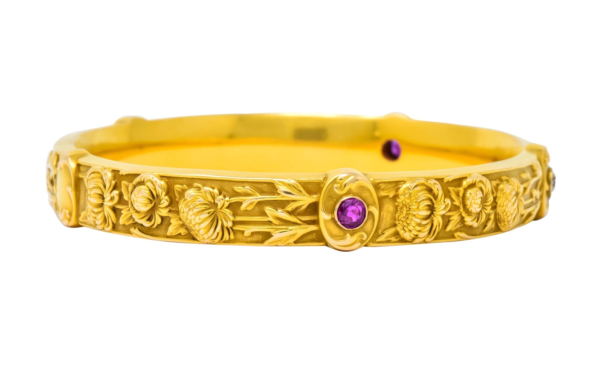 Riker Brothers Art Nouveau Diamond Ruby 14 Karat Gold Floral Bangle Bracelet - Wilson's Estate Jewelry