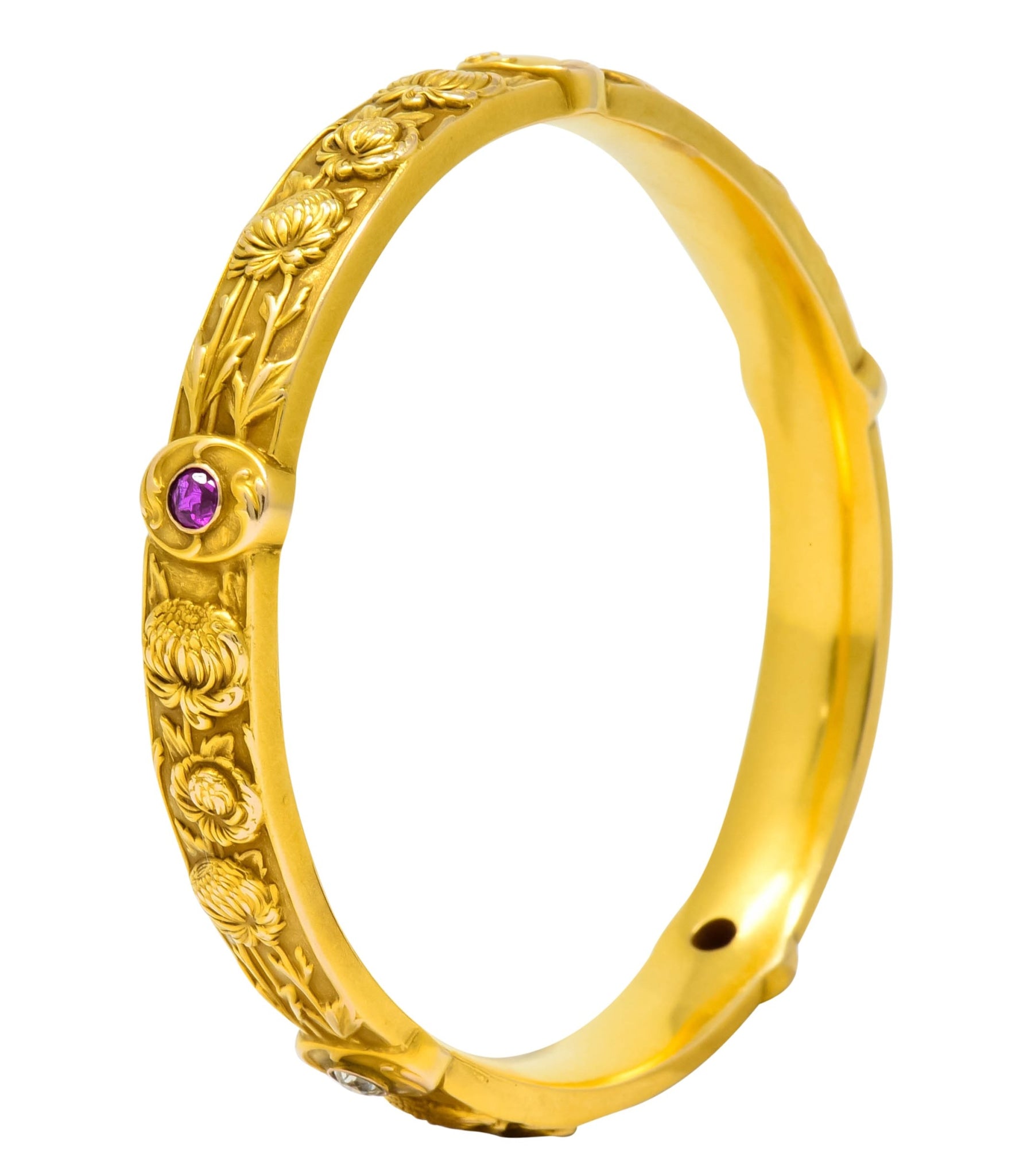 Riker Brothers Art Nouveau Diamond Ruby 14 Karat Gold Floral Bangle Bracelet - Wilson's Estate Jewelry