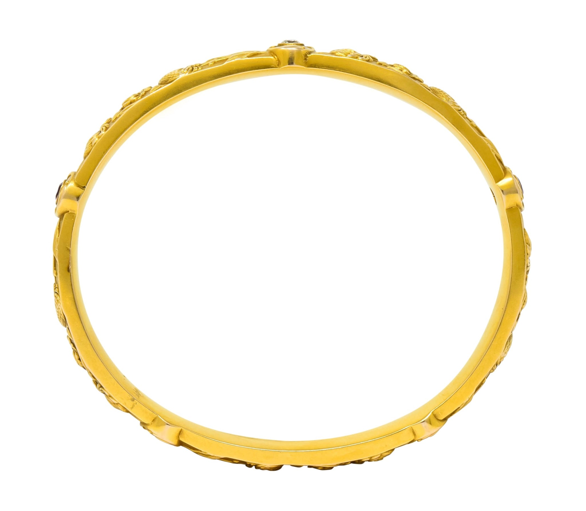 Riker Brothers Art Nouveau Diamond Ruby 14 Karat Gold Floral Bangle Bracelet - Wilson's Estate Jewelry