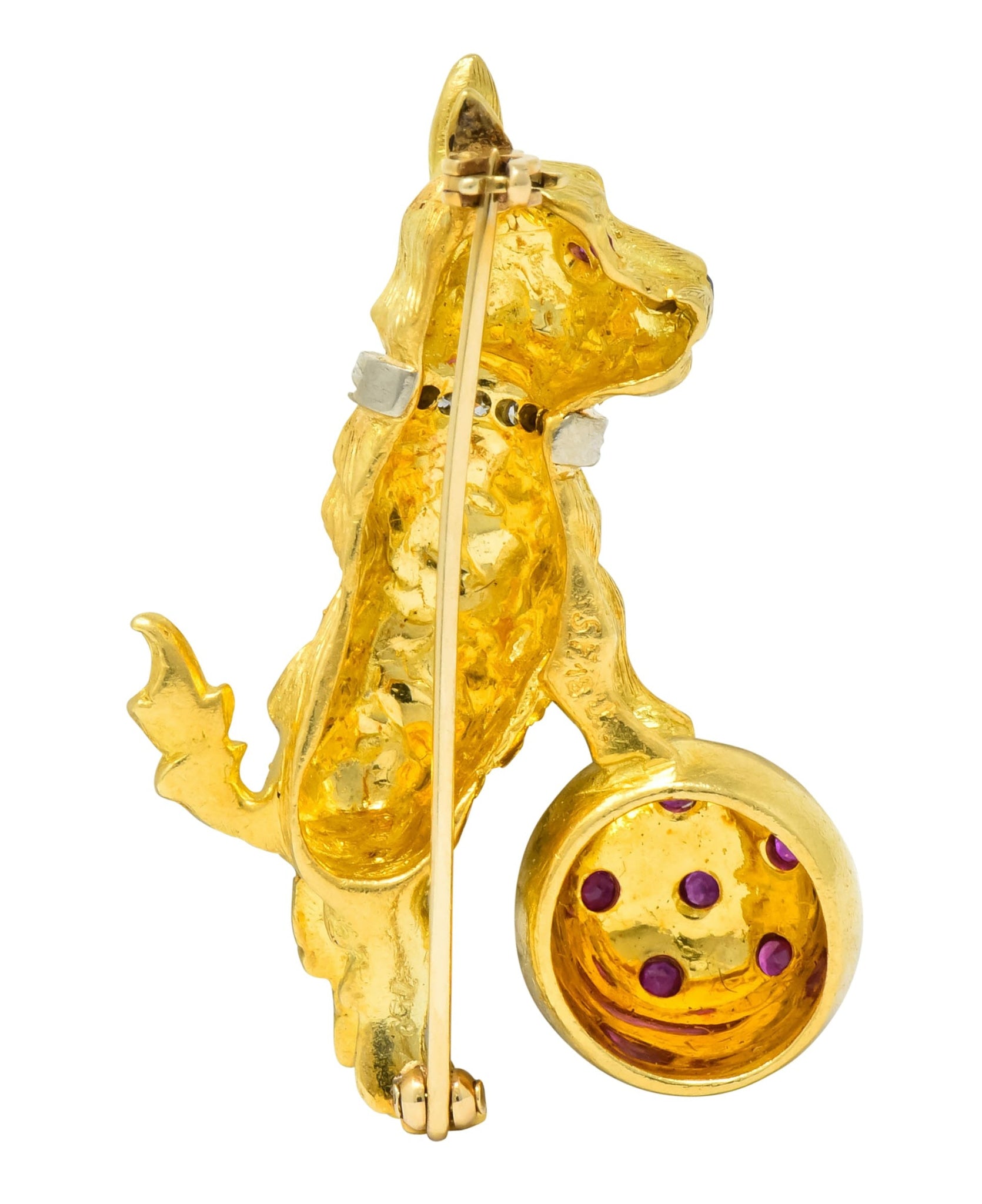 Spitzer & Furman Retro 18 Karat Yellow Gold Diamond Ruby Dog and Ball Brooch - Wilson's Estate Jewelry