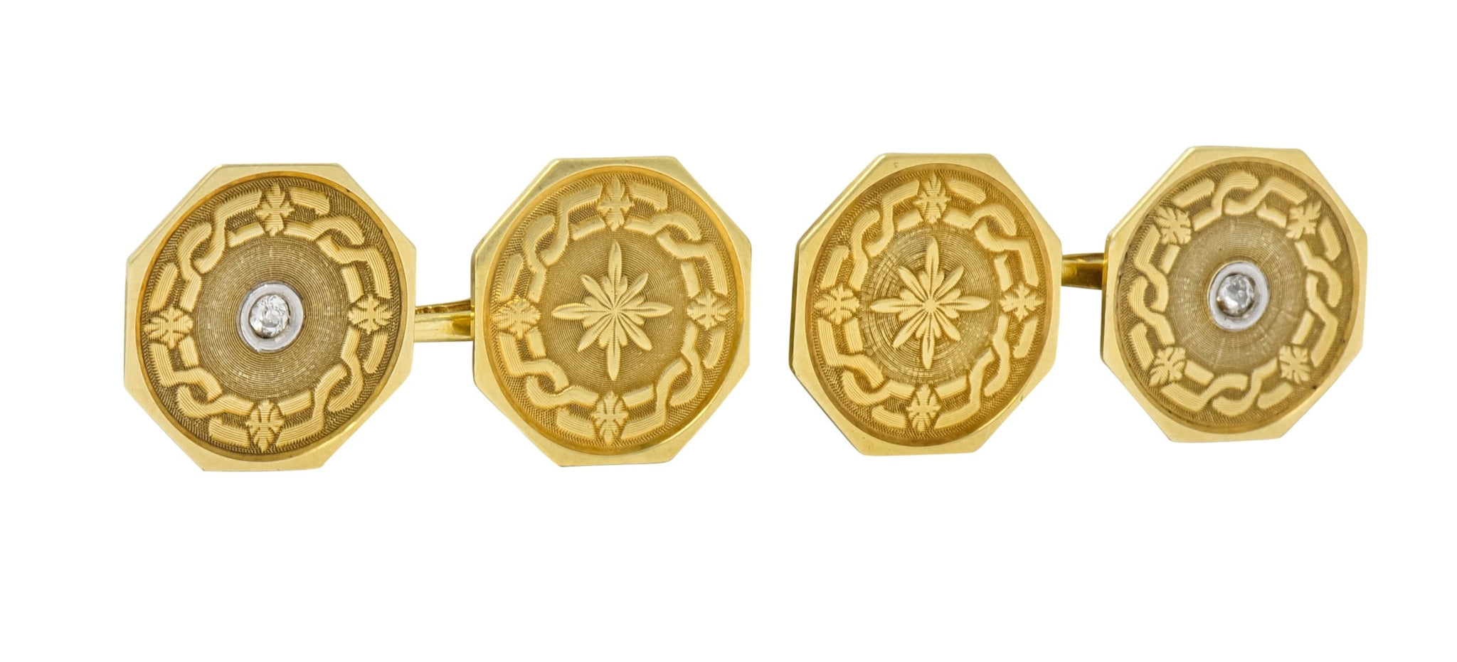 Strobell & Crane 1915 Edwardian Old European Diamond 14 Karat Gold Men's Disk Cufflinks - Wilson's Estate Jewelry