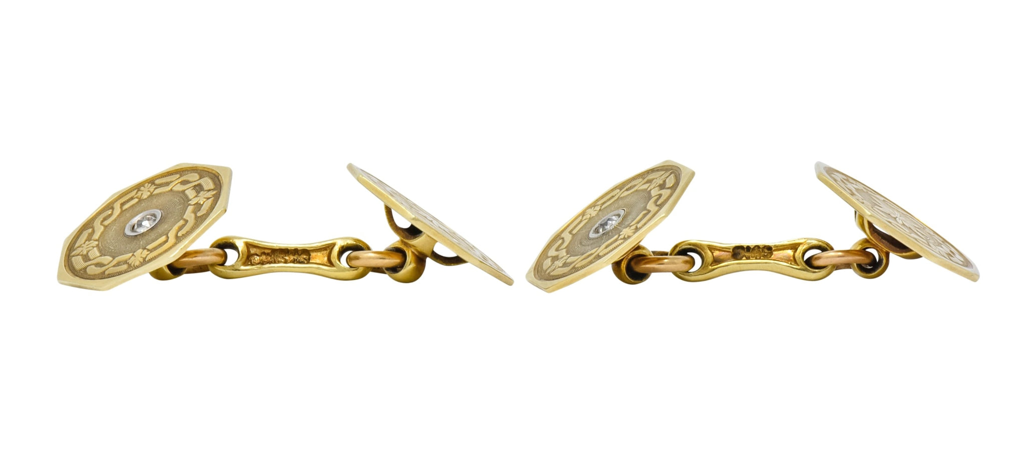 Strobell & Crane 1915 Edwardian Old European Diamond 14 Karat Gold Men's Disk Cufflinks - Wilson's Estate Jewelry