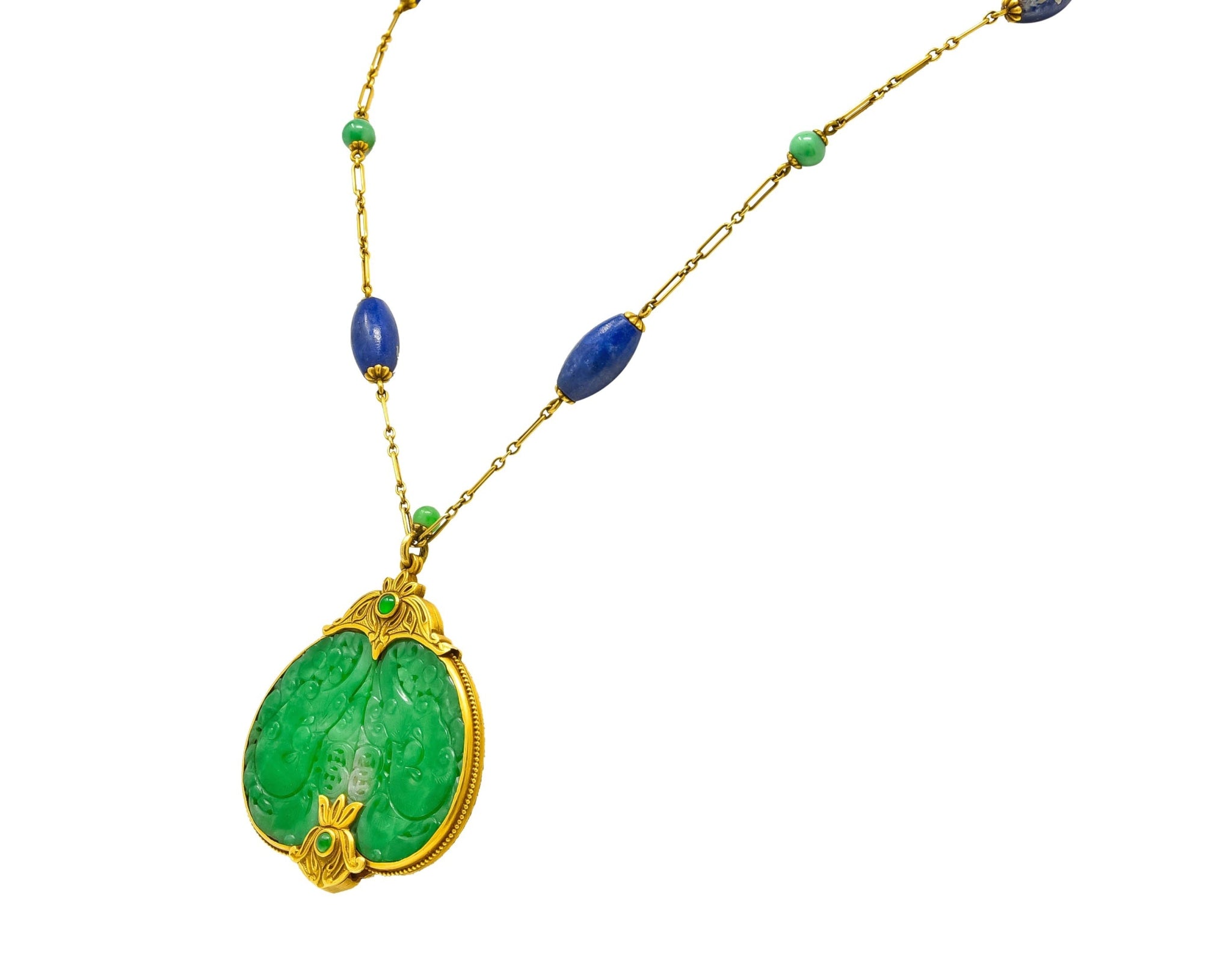 Substantial Arts & Crafts Jade Lapis 14 Karat Gold Medallion Necklace - Wilson's Estate Jewelry