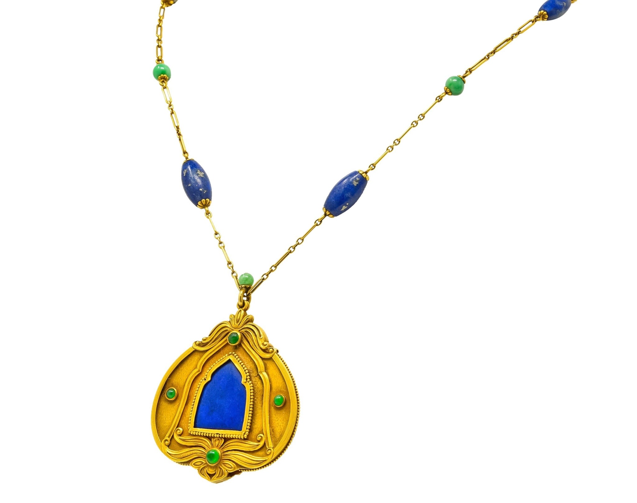 Substantial Arts & Crafts Jade Lapis 14 Karat Gold Medallion Necklace - Wilson's Estate Jewelry