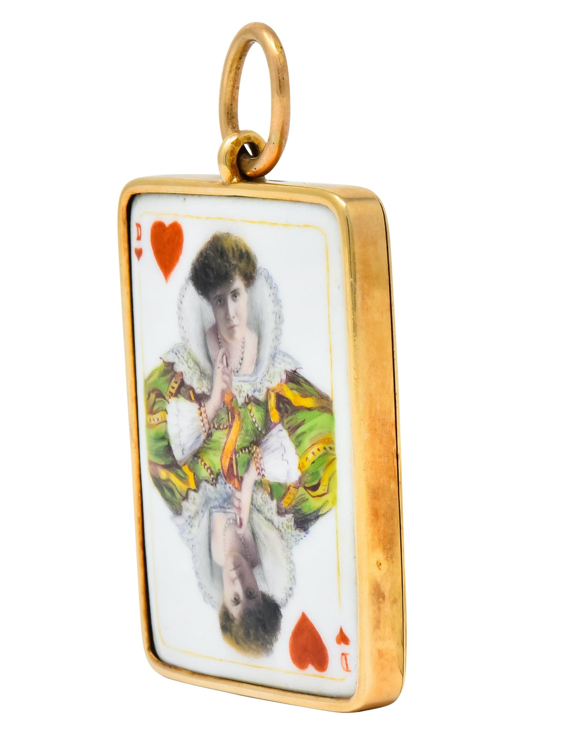 Substantial French Victorian Enamel 14 Karat Yellow Gold Queen Playing Card Pendant - Wilson's Estate Jewelry