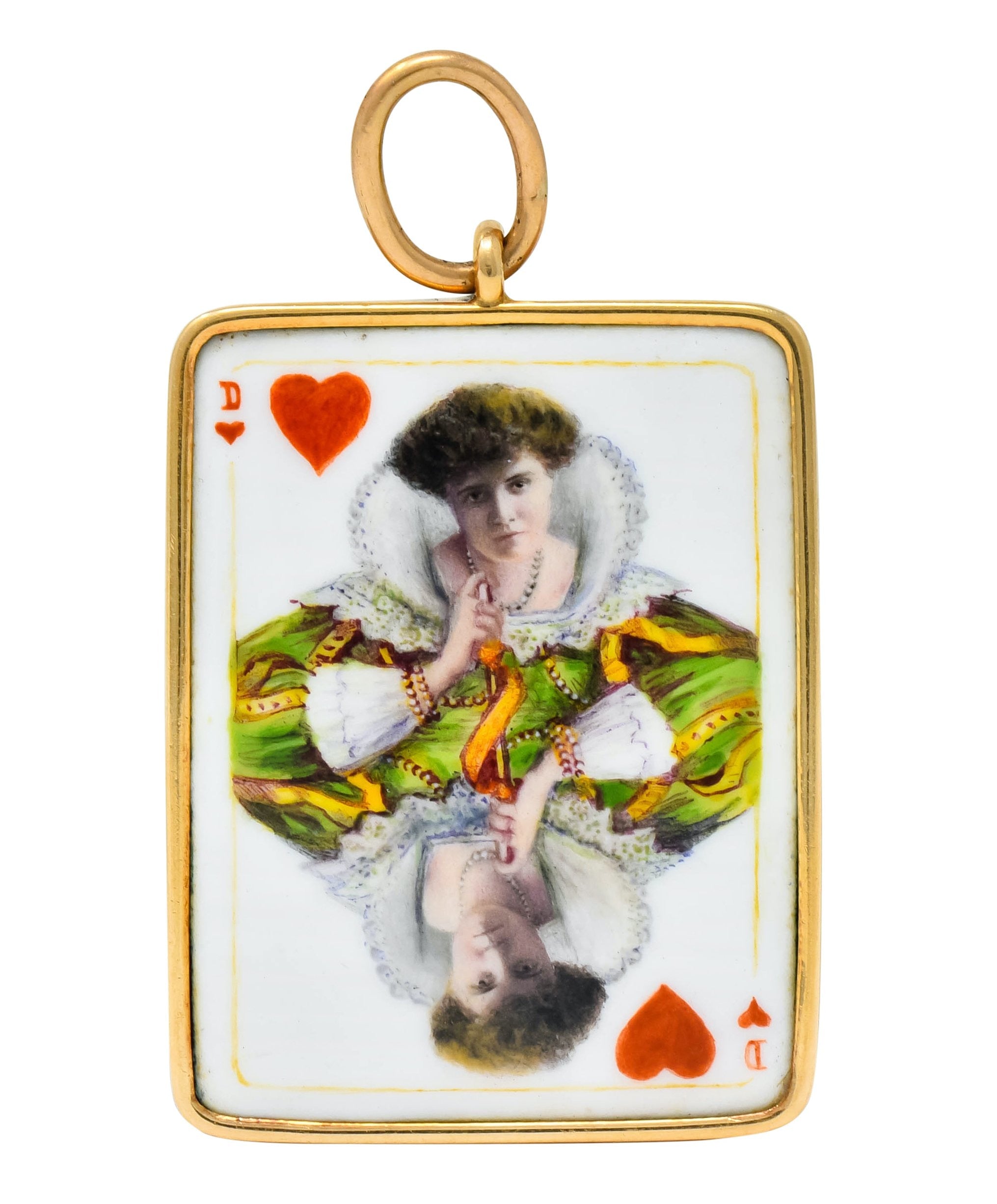 Substantial French Victorian Enamel 14 Karat Yellow Gold Queen Playing Card Pendant - Wilson's Estate Jewelry