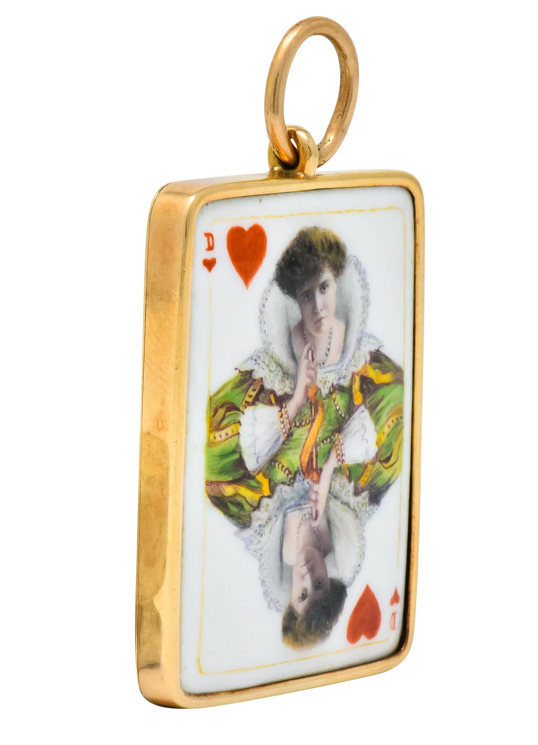 Substantial French Victorian Enamel 14 Karat Yellow Gold Queen Playing Card Pendant - Wilson's Estate Jewelry