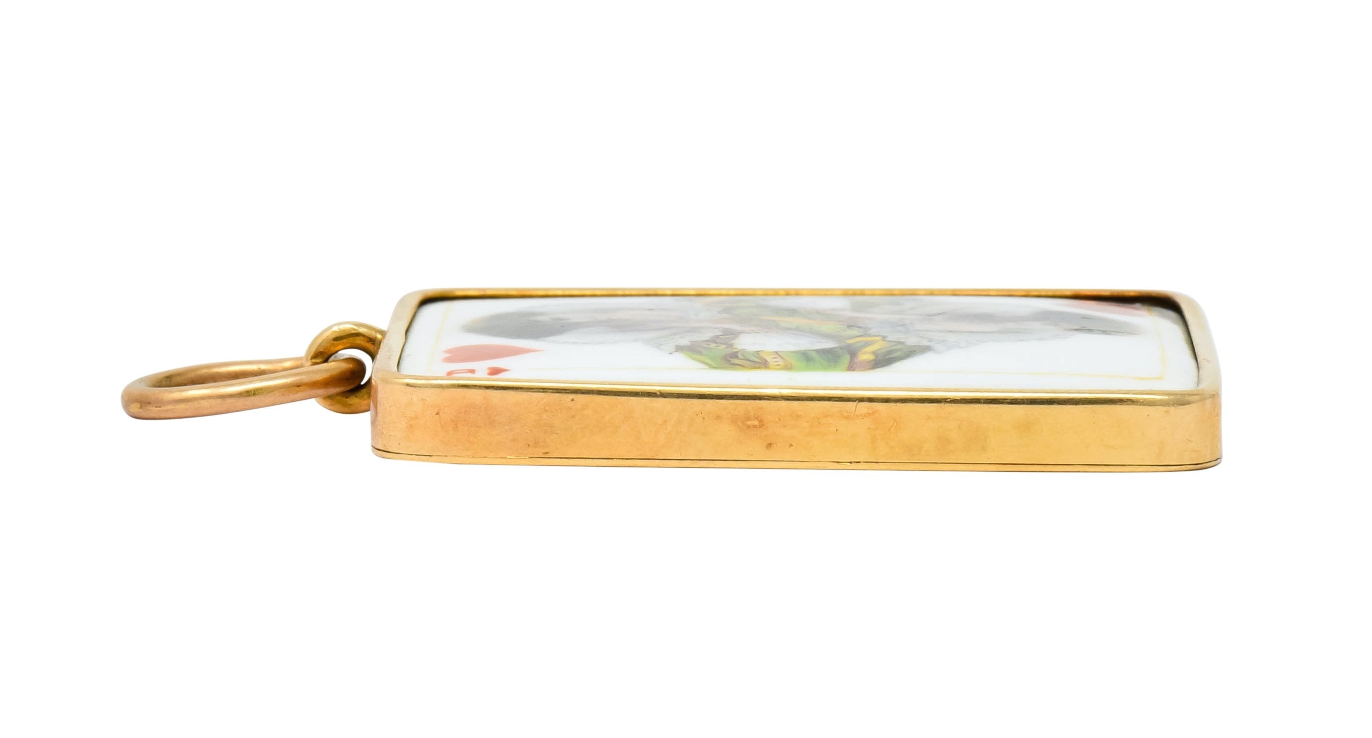 Substantial French Victorian Enamel 14 Karat Yellow Gold Queen Playing Card Pendant - Wilson's Estate Jewelry