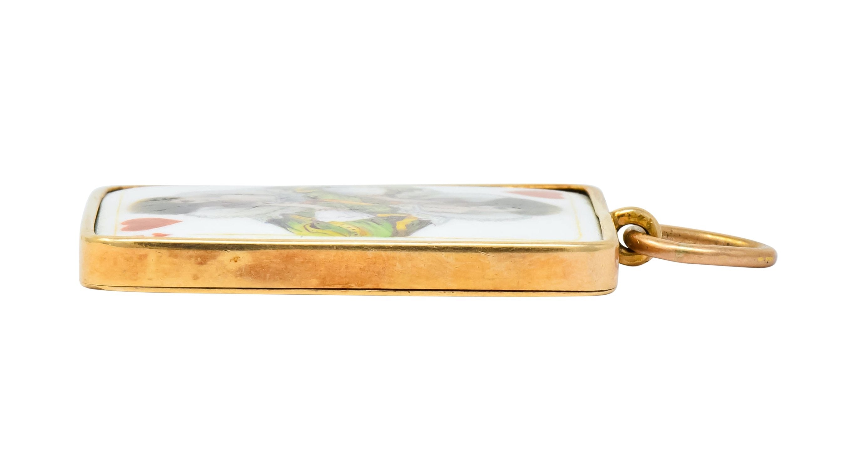Substantial French Victorian Enamel 14 Karat Yellow Gold Queen Playing Card Pendant - Wilson's Estate Jewelry