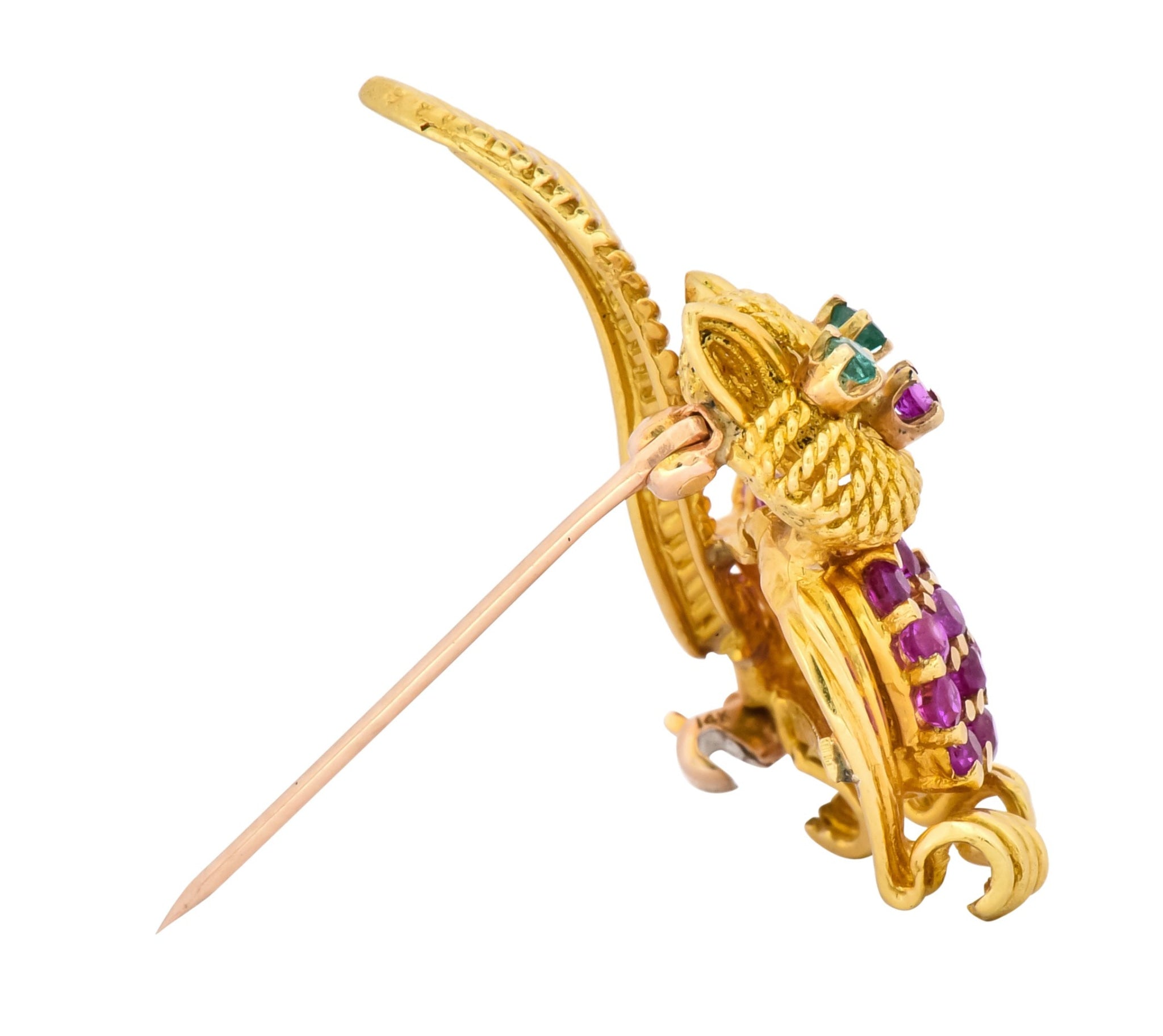 Tiffany & Co. 1960's 1.50 CTW Ruby Emerald 18 Karat Yellow Gold Prancing Cat Brooch - Wilson's Estate Jewelry