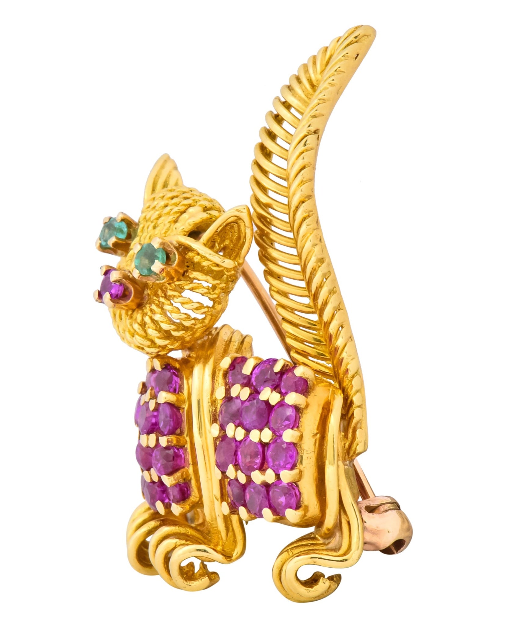 Tiffany & Co. 1960's 1.50 CTW Ruby Emerald 18 Karat Yellow Gold Prancing Cat Brooch - Wilson's Estate Jewelry