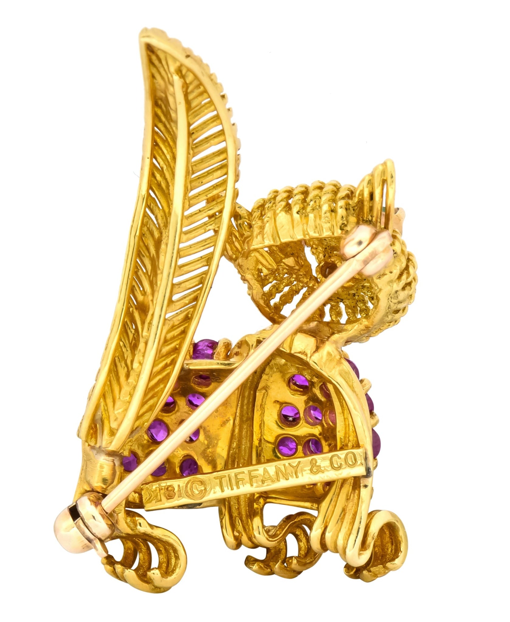 Tiffany & Co. 1960's 1.50 CTW Ruby Emerald 18 Karat Yellow Gold Prancing Cat Brooch - Wilson's Estate Jewelry