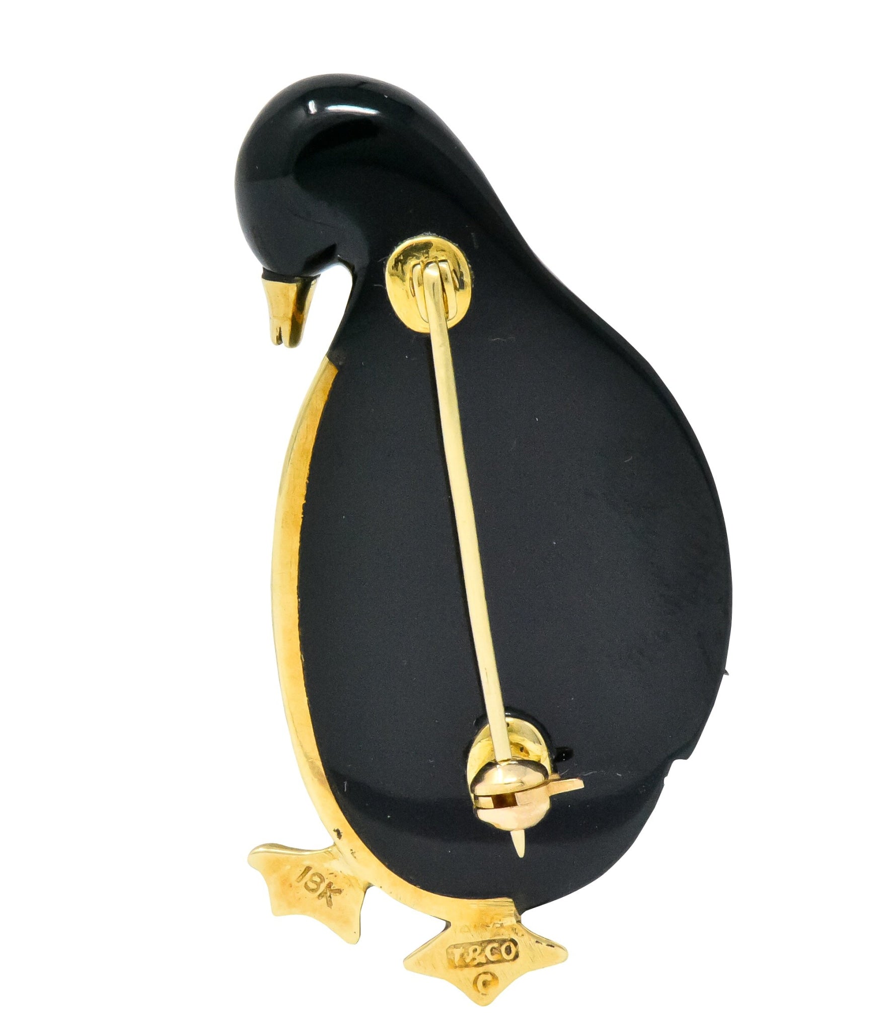 Tiffany & Co. 1970's Black Jade Mother-Of-Pearl 18 Karat Gold Penguin Brooch - Wilson's Estate Jewelry