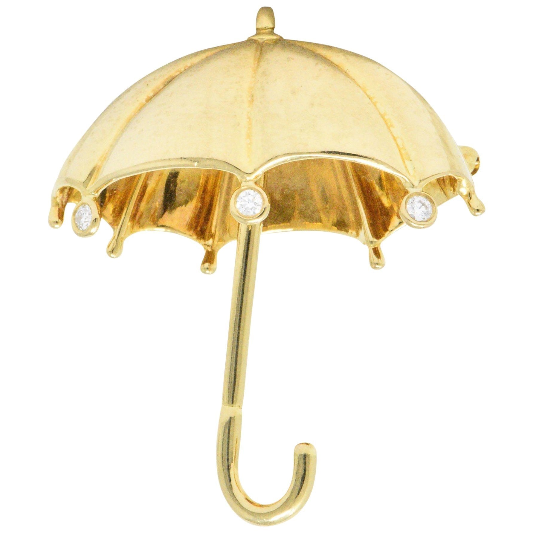 Tiffany & Co. 1980's 0.18 CTW Diamond 18 Karat Gold Umbrella Brooch Wilson's Estate Jewelry