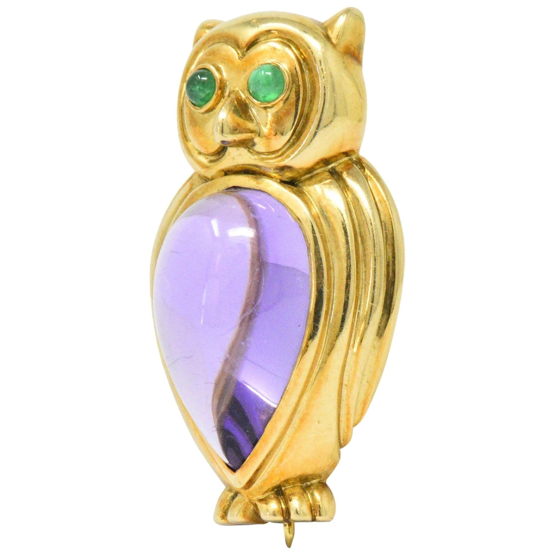 Tiffany & Co. Amethyst Emerald 18 Karat Gold Owl Brooch Wilson's Estate Jewelry