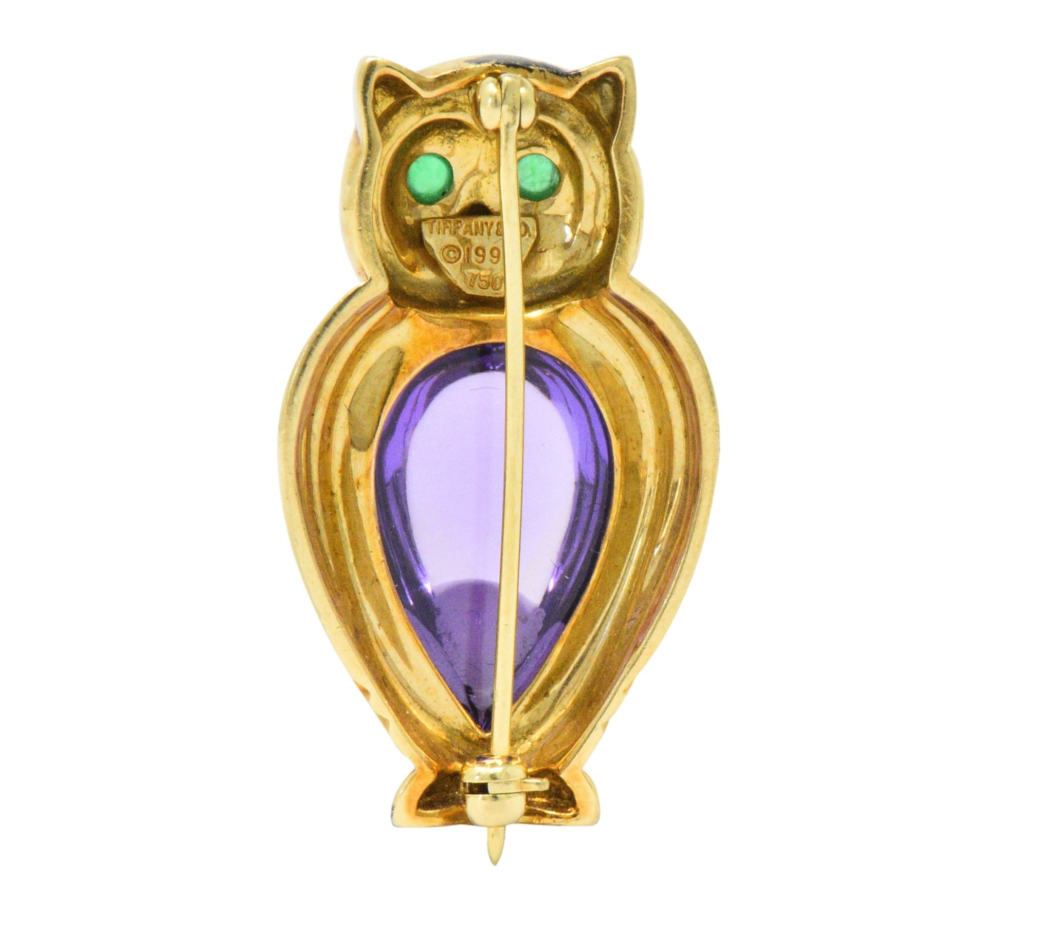 Tiffany & Co. Amethyst Emerald 18 Karat Gold Owl Brooch Wilson's Estate Jewelry