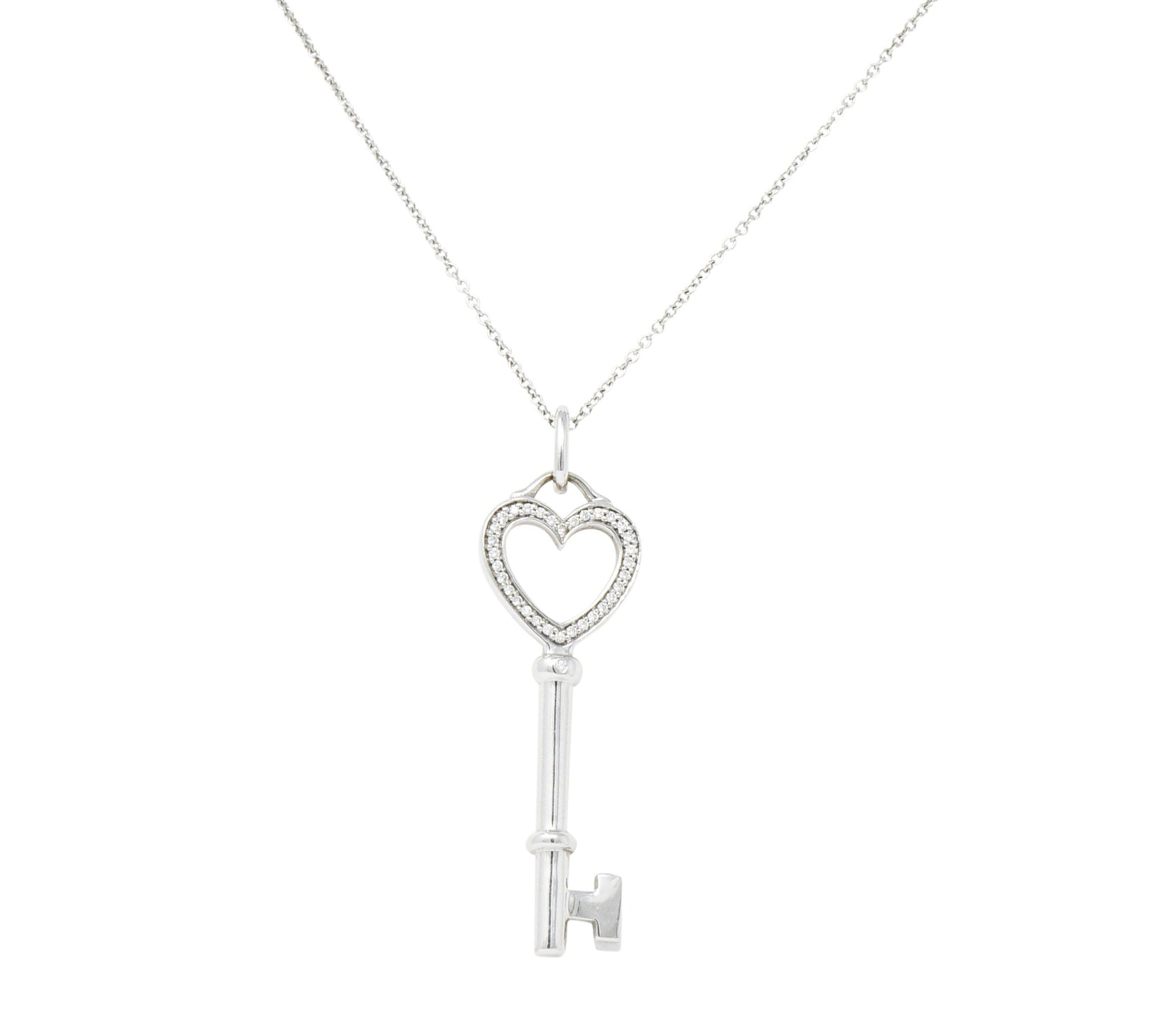 Tiffany & Co. Diamond 18 Karat White Gold Heart Key Pendant Necklace Wilson's Estate Jewelry