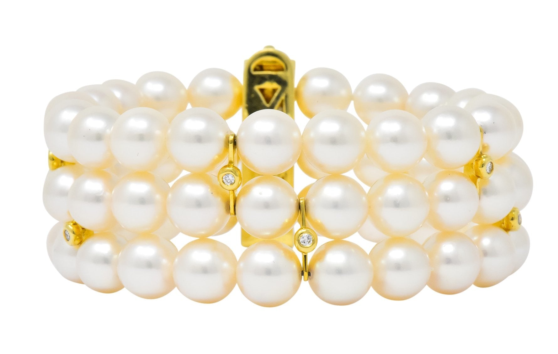 Tiffany & Co. Diamond Natural Cultured Pearl 18 Karat Yellow Gold Triple Strand Bracelet - Wilson's Estate Jewelry