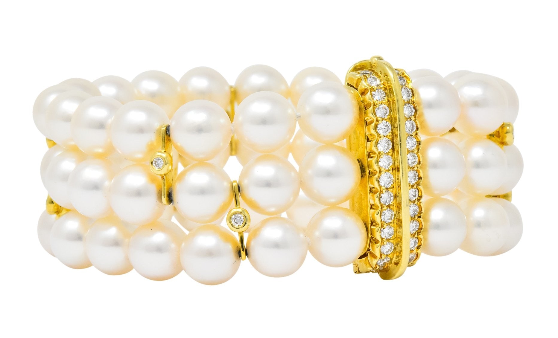 Tiffany & Co. Diamond Natural Cultured Pearl 18 Karat Yellow Gold Triple Strand Bracelet - Wilson's Estate Jewelry