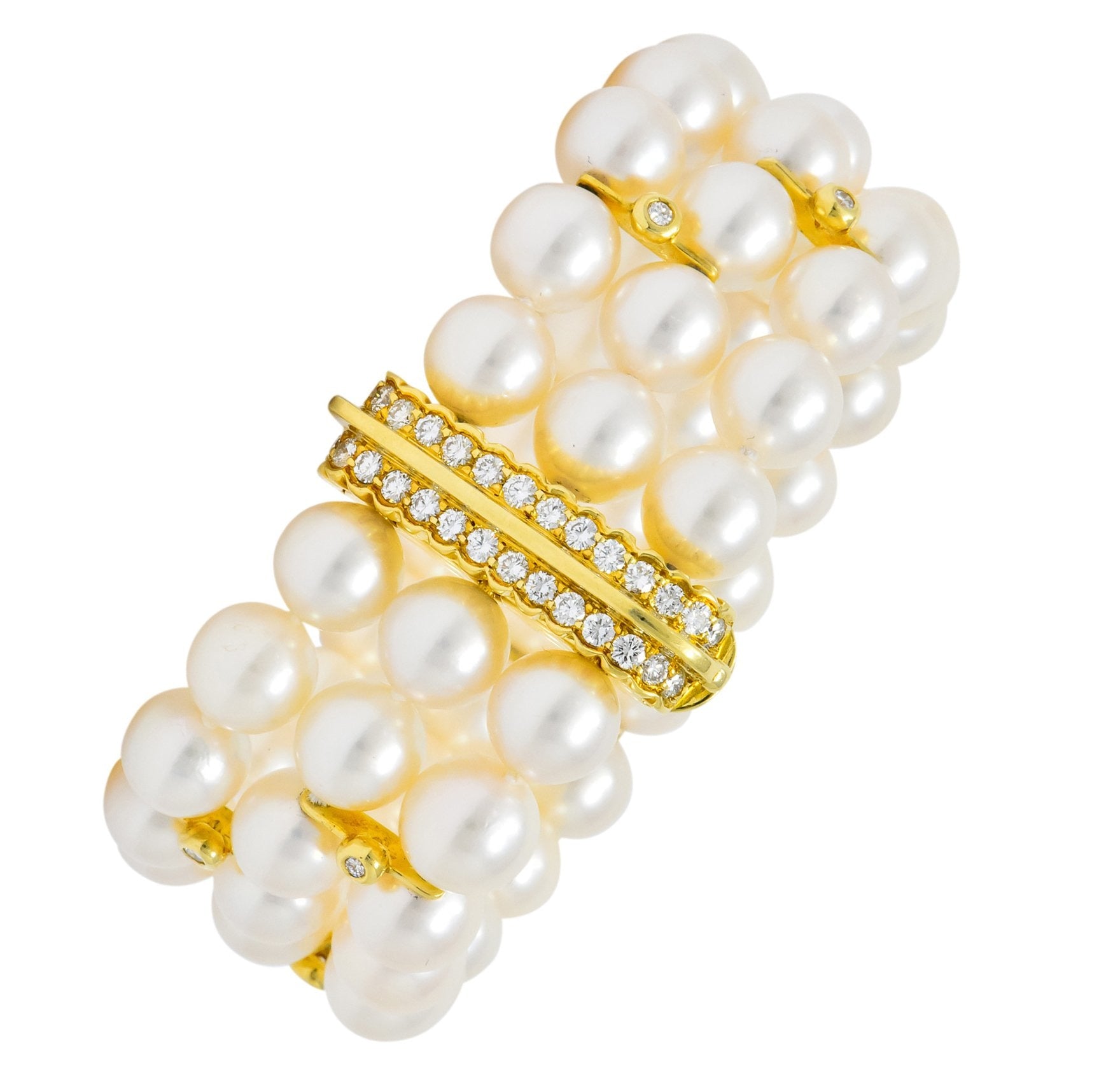 Tiffany & Co. Diamond Natural Cultured Pearl 18 Karat Yellow Gold Triple Strand Bracelet - Wilson's Estate Jewelry