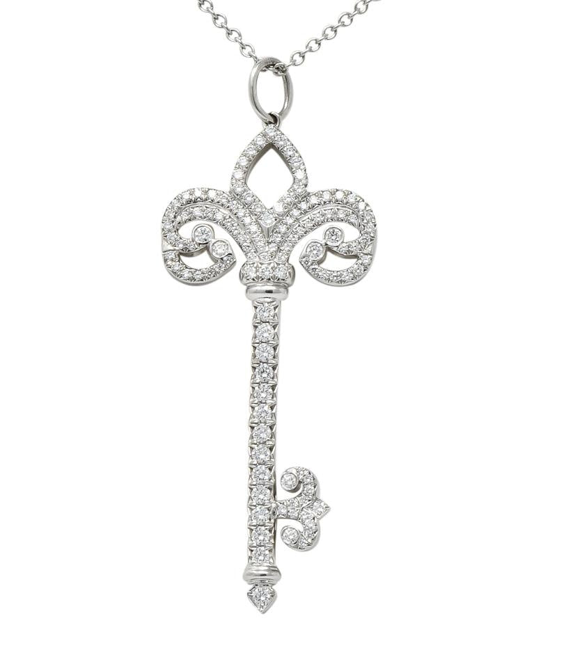 Tiffany & Co. Diamond Platinum Fleur De Lis Key Pendant Necklace - Wilson's Estate Jewelry