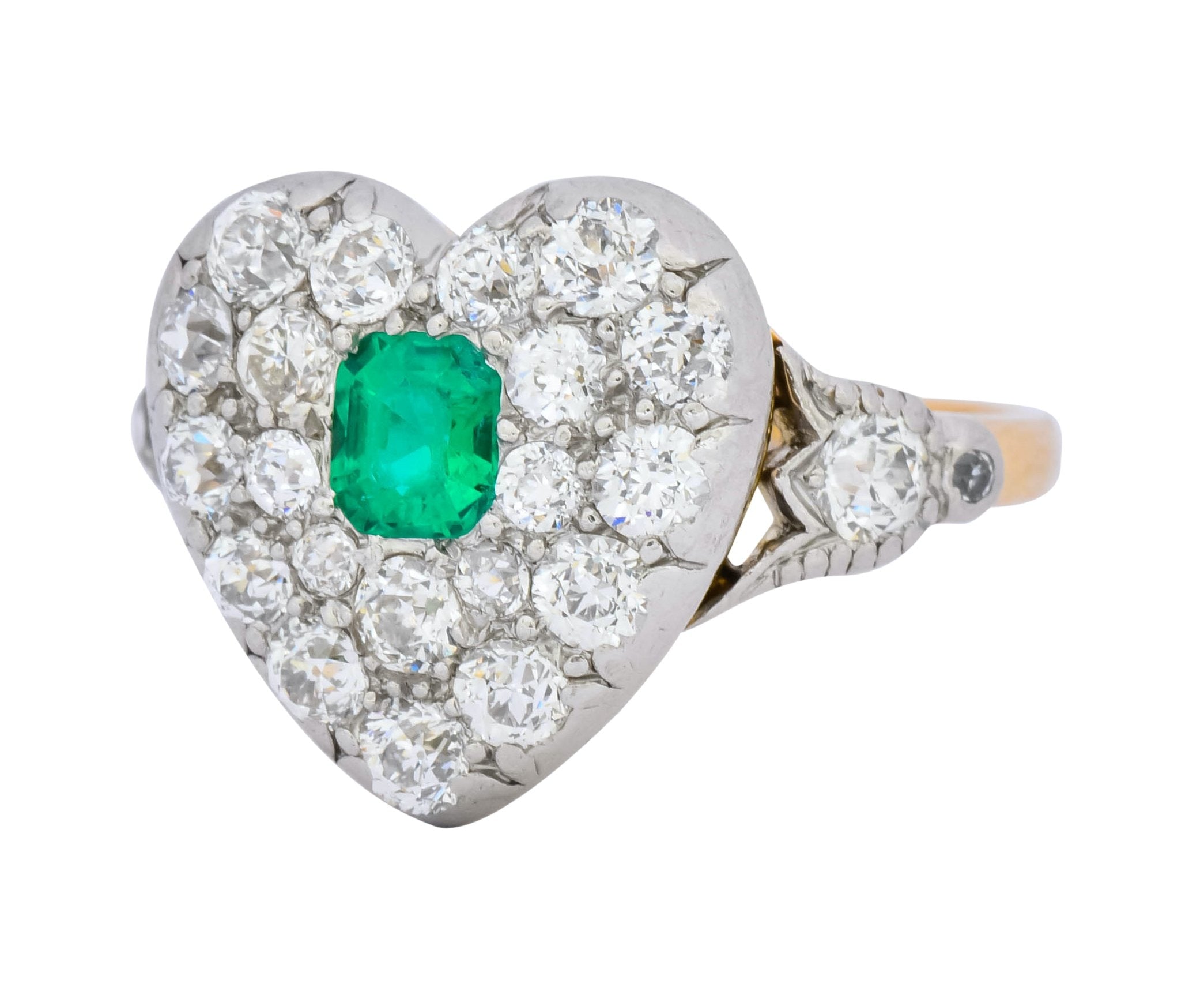 Tiffany & Co. Edwardian 1.54 CTW Emerald Diamond Platinum-Topped 18 Karat Gold Heart Cluster Ring - Wilson's Estate Jewelry