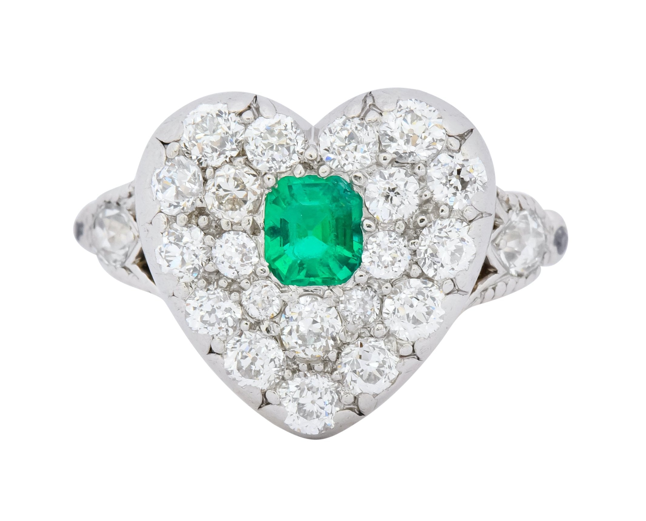 Tiffany & Co. Edwardian 1.54 CTW Emerald Diamond Platinum-Topped 18 Karat Gold Heart Cluster Ring - Wilson's Estate Jewelry