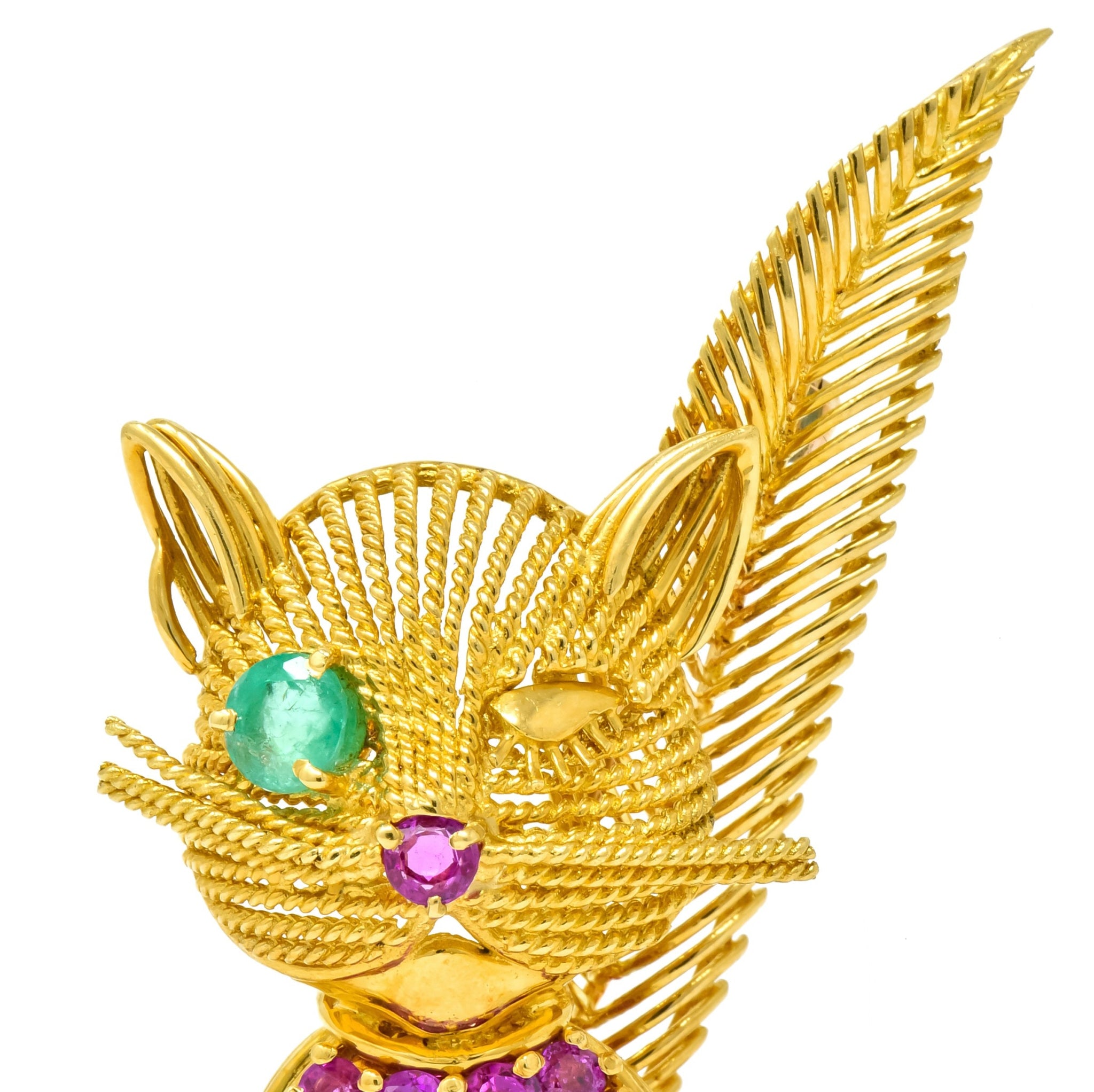 Tiffany & Co. Retro 5.45 CTW Ruby Emerald 18 Karat Yellow Gold Winking Cat Brooch - Wilson's Estate Jewelry