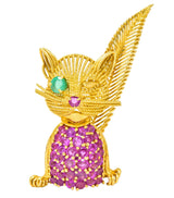 Tiffany & Co. Retro 5.45 CTW Ruby Emerald 18 Karat Yellow Gold Winking Cat Brooch - Wilson's Estate Jewelry