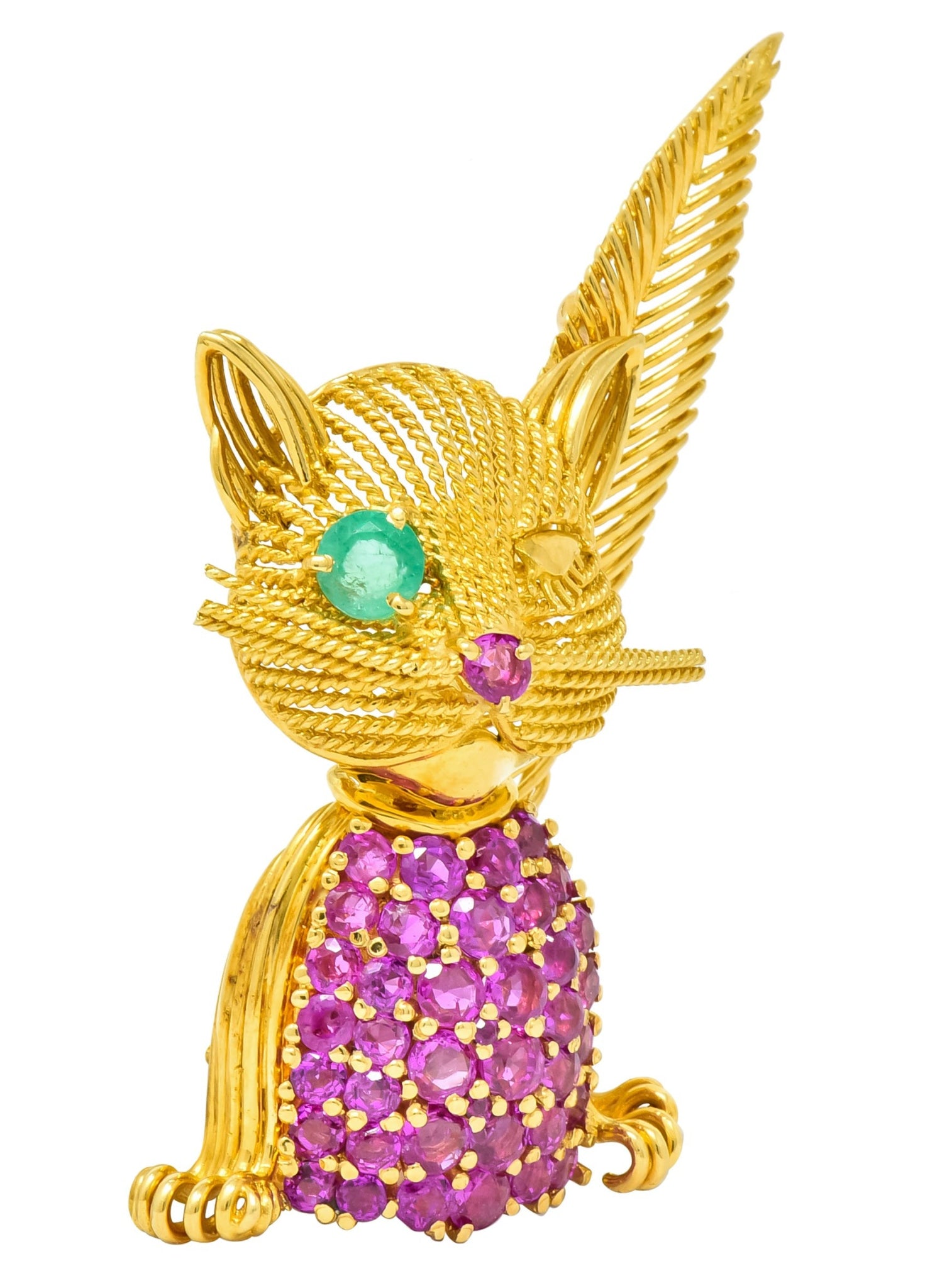 Tiffany & Co. Retro 5.45 CTW Ruby Emerald 18 Karat Yellow Gold Winking Cat Brooch - Wilson's Estate Jewelry