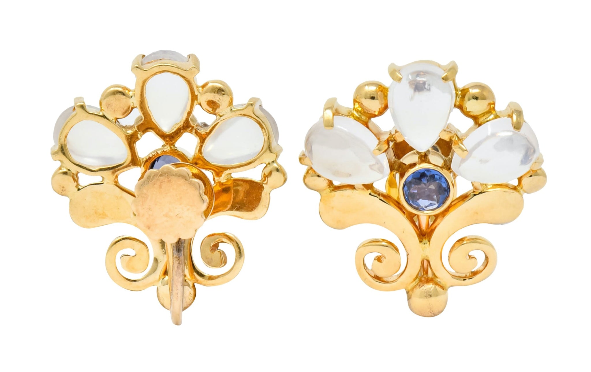 Tiffany & Co. Retro Moonstone Sapphire 14 Karat Gold Screwback Earrings - Wilson's Estate Jewelry