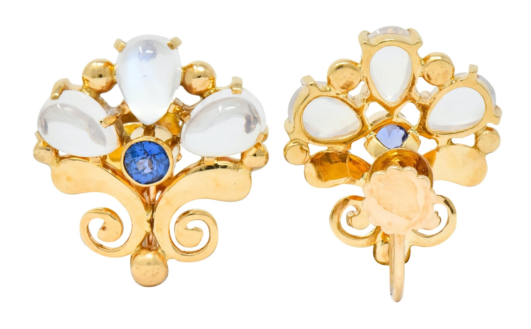 Tiffany & Co. Retro Moonstone Sapphire 14 Karat Gold Screwback Earrings - Wilson's Estate Jewelry